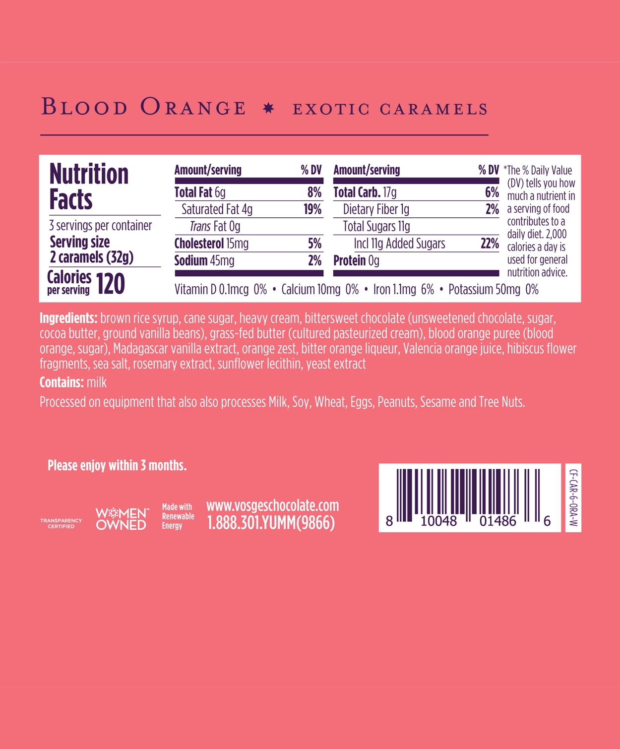 Nutrition Facts and Ingredients of Vosges Haut-Chocolat Blood Orange Exotic Caramels in white, san-serif font on a bright pink background.
