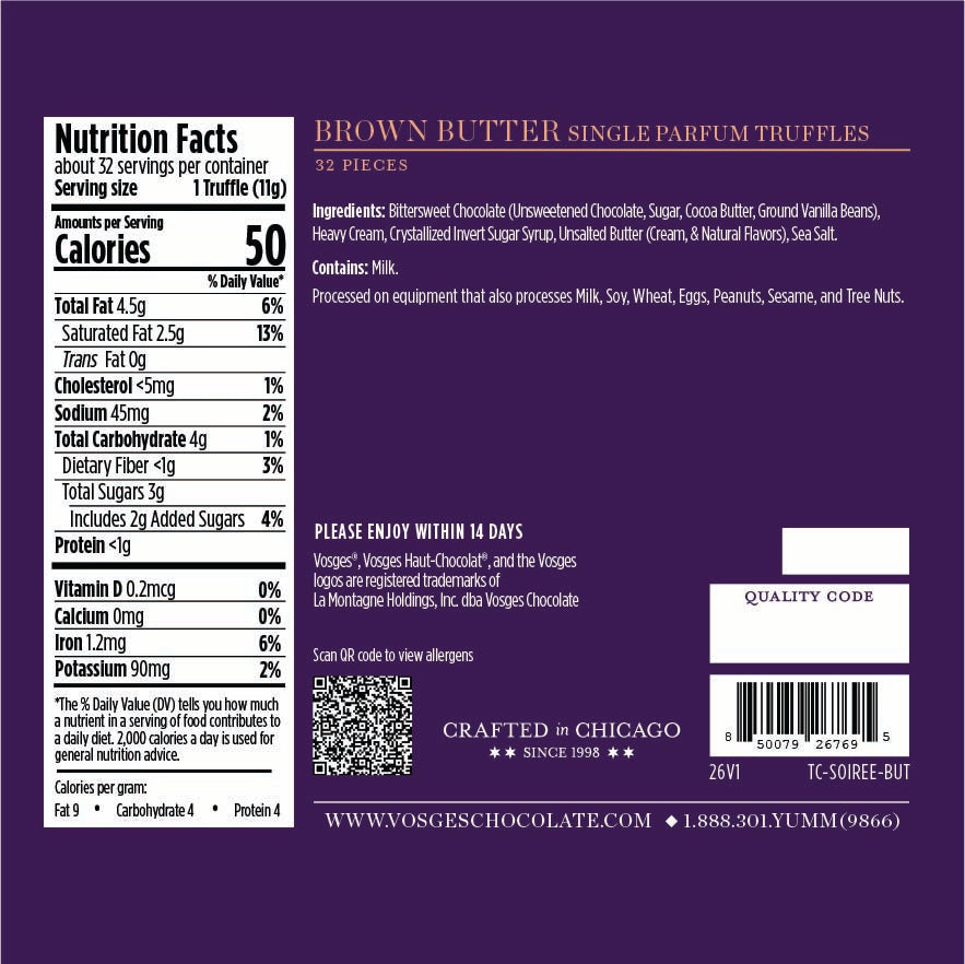 Purple packaging for Brown Butter Truffles with nutrition facts panel on left and ingredients list on right.