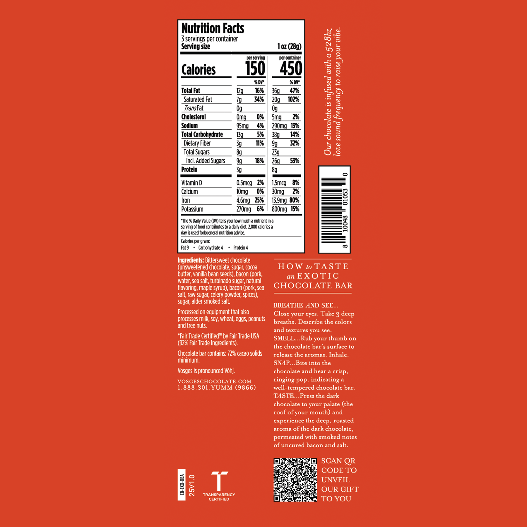 Nutritional facts panel for 3 ounce Vosges Mo's Dark Bacon bar