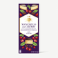 A 3 oz chocolate bar package for 'L'Envers' brand, featuring a deep purple background with illustrations of manchego cheese, cherries, and cocoa. The central label reads 'MANCHEGO AND CHERRY 6.
