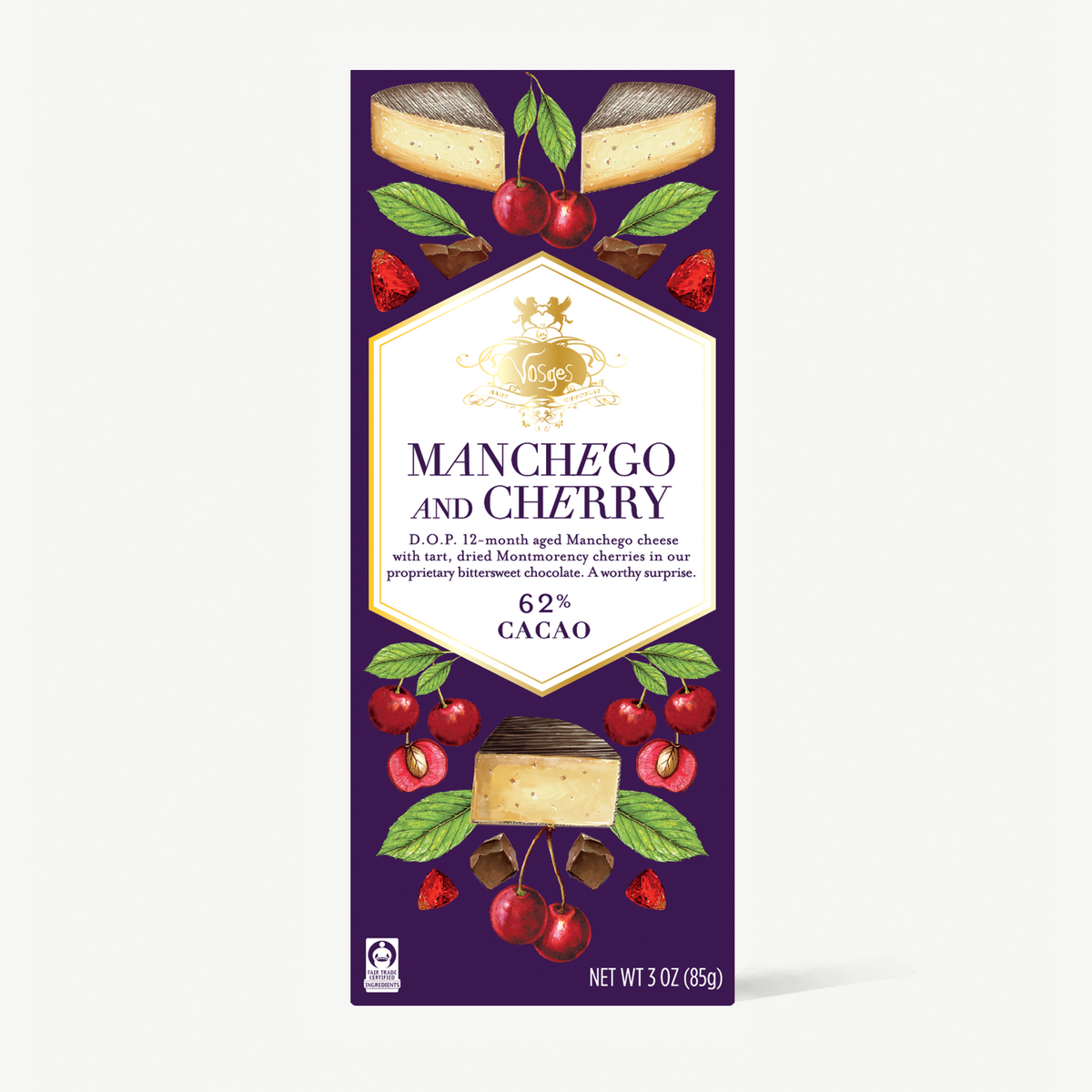 A 3 oz chocolate bar package for 'L'Envers' brand, featuring a deep purple background with illustrations of manchego cheese, cherries, and cocoa. The central label reads 'MANCHEGO AND CHERRY 6.