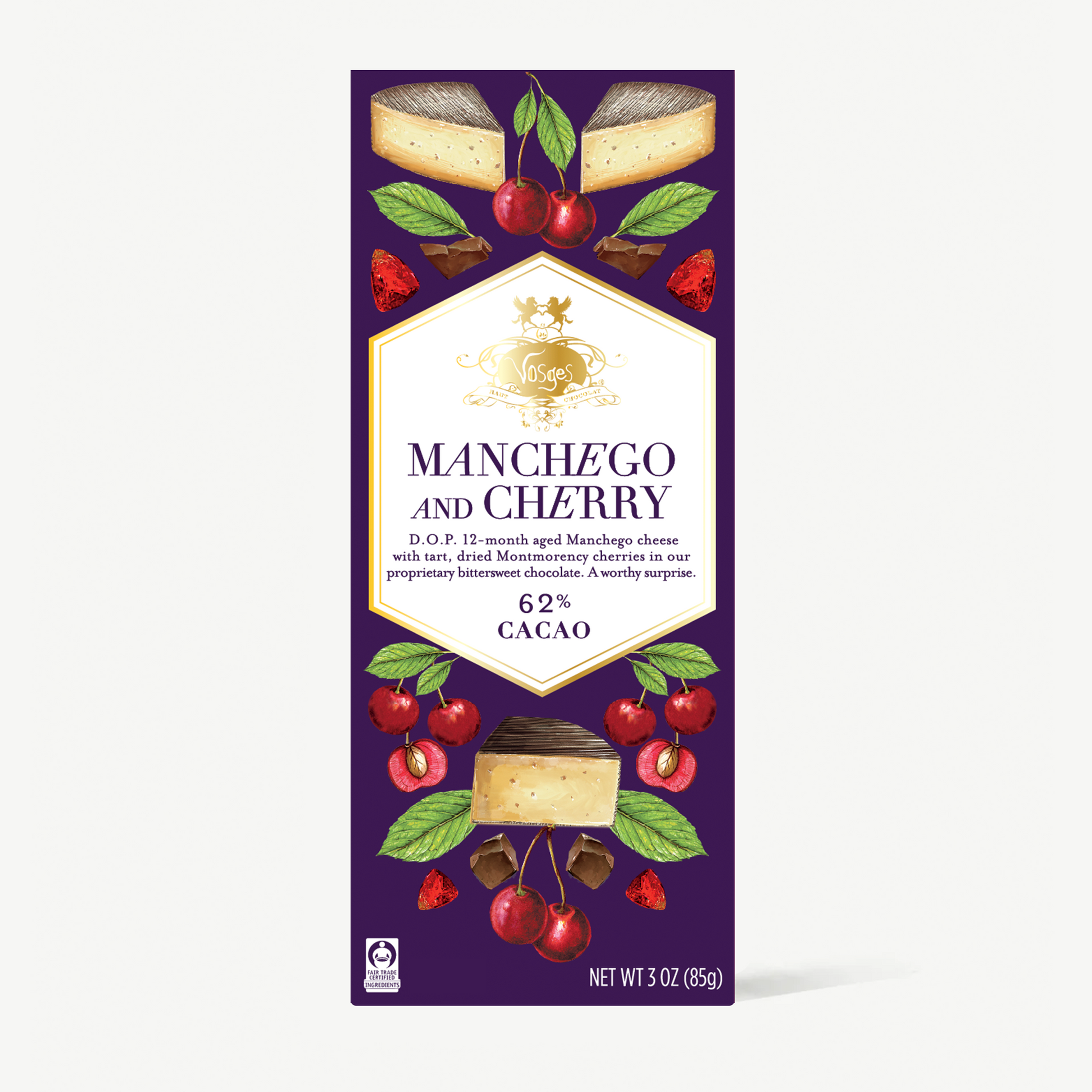A 3 oz chocolate bar package for 'L'Envers' brand, featuring a deep purple background with illustrations of manchego cheese, cherries, and cocoa. The central label reads 'MANCHEGO AND CHERRY 6.
