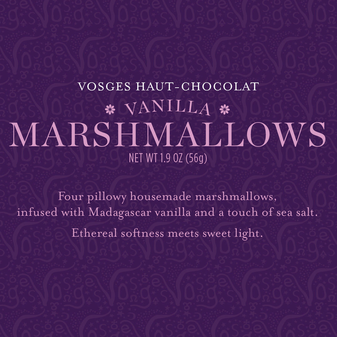 Vosges Haut-Chocolat Vanilla Marshmallows packaging with purple background and text.