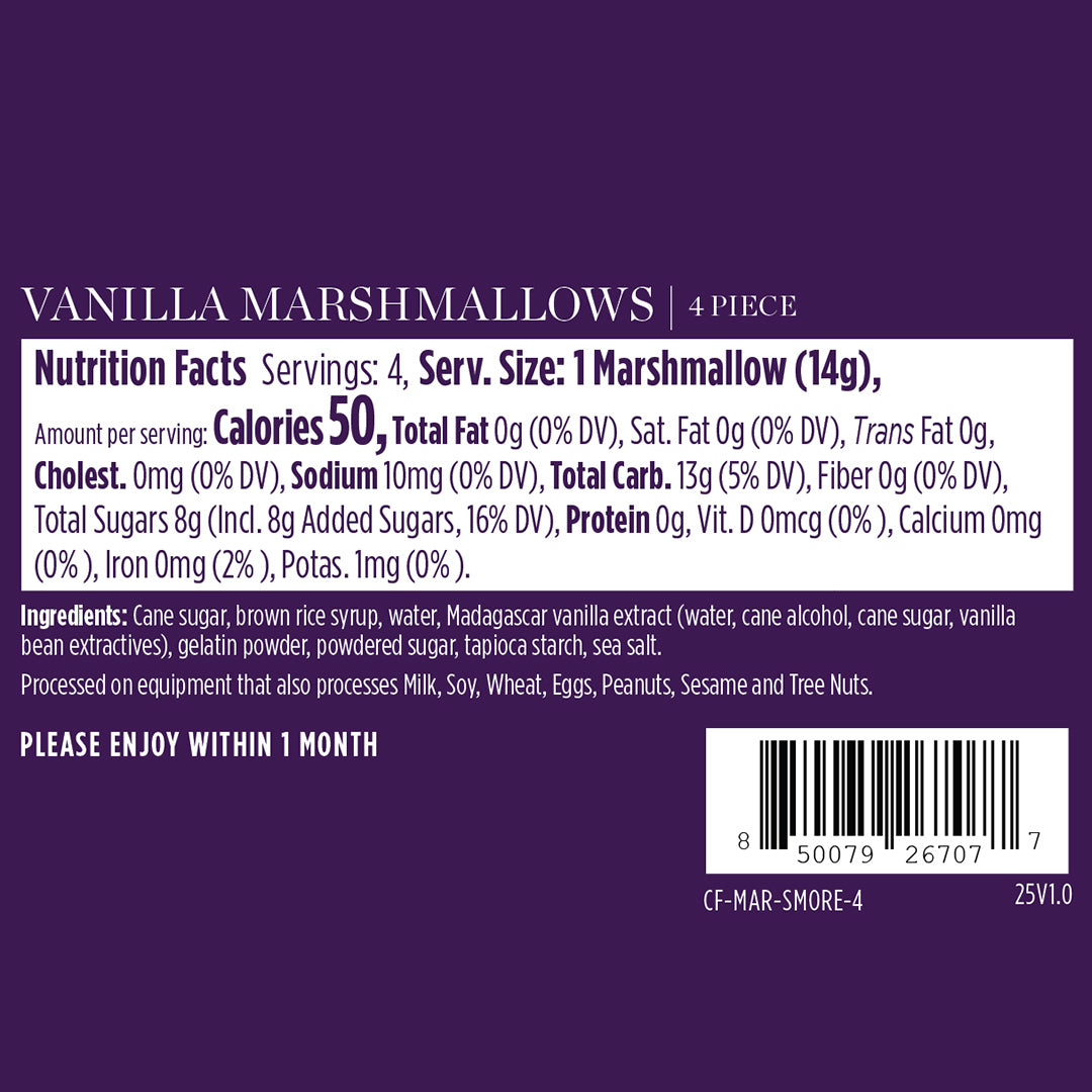 Back of a vanilla marshmallow package with nutrition facts and ingredients listed on a purple background.
