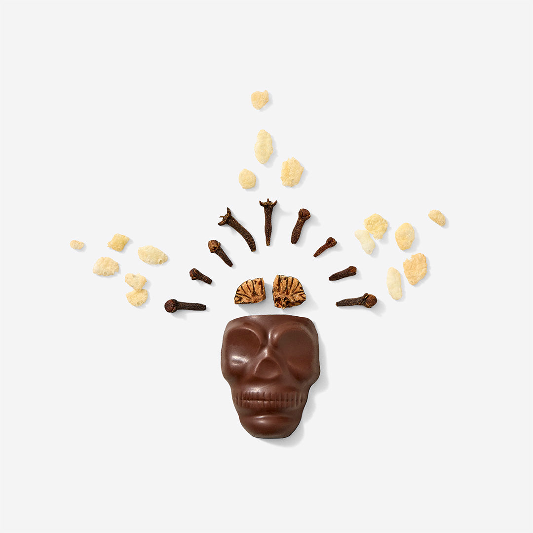 A skull-shaped chocolate confection on a light gray background, with dried spices and small candies arranged above it like a brain, suggesting a spicy chocolate flavor profile.