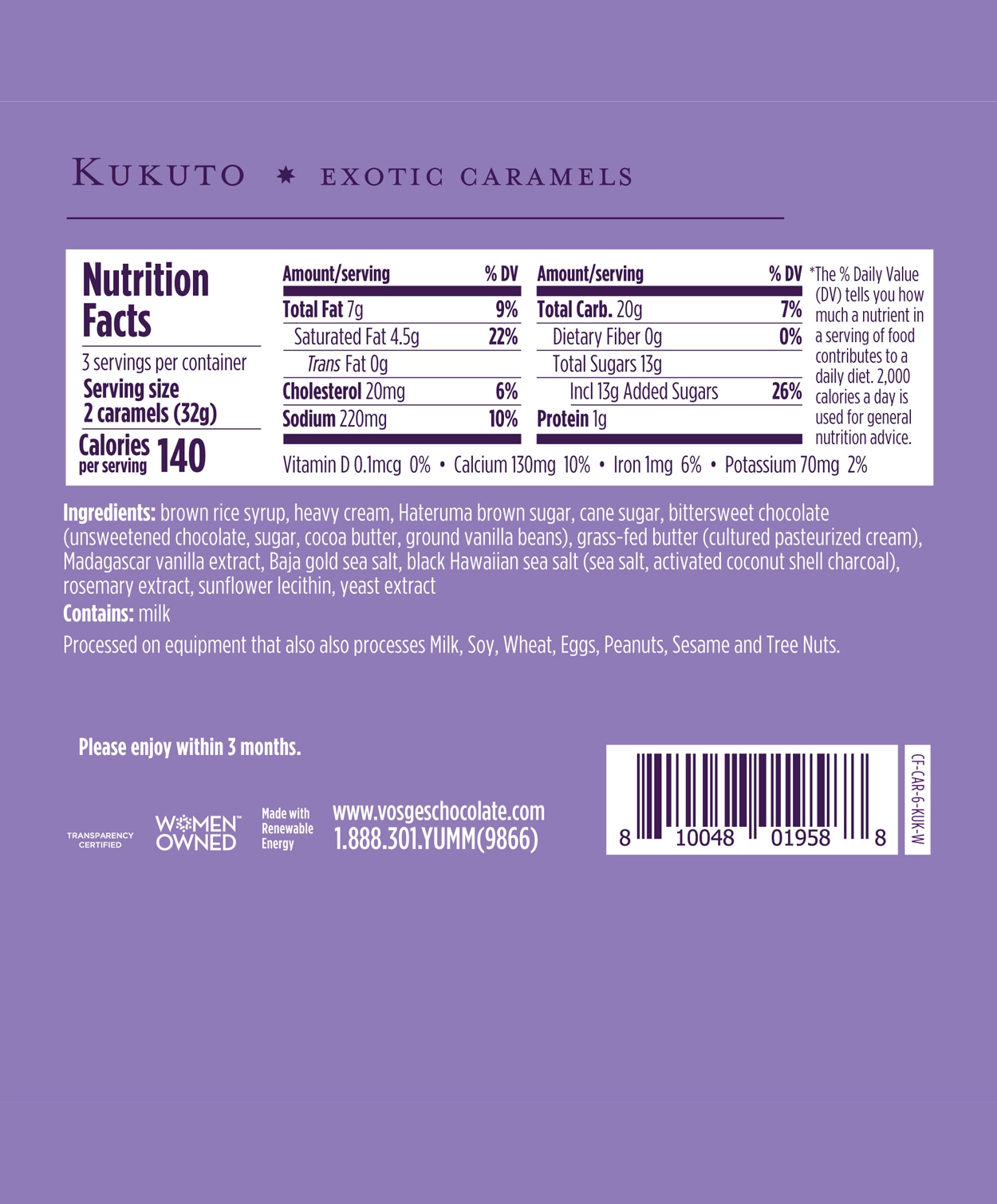 Nutrition Facts and Ingredients of Vosges Haut-Chocolat Kokuto black sugar Exotic Caramels in white, san-serif font on a pastel purple background.
