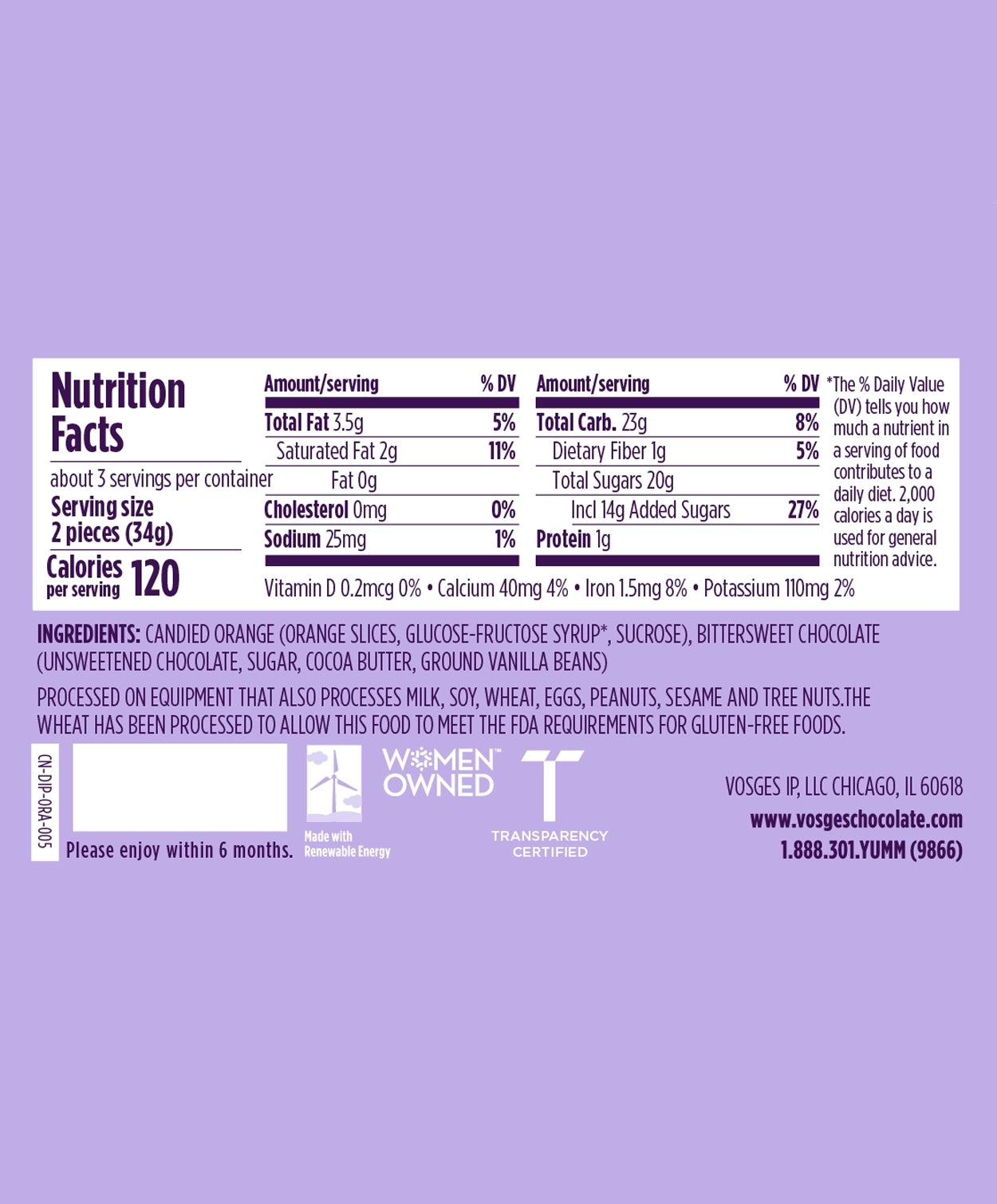 Nutrition Facts and Ingredients of Vosges Haut-Chocolat Chocolate Dipped Lunar Orange Fruit in purple, san-serif font on a light purple background.
