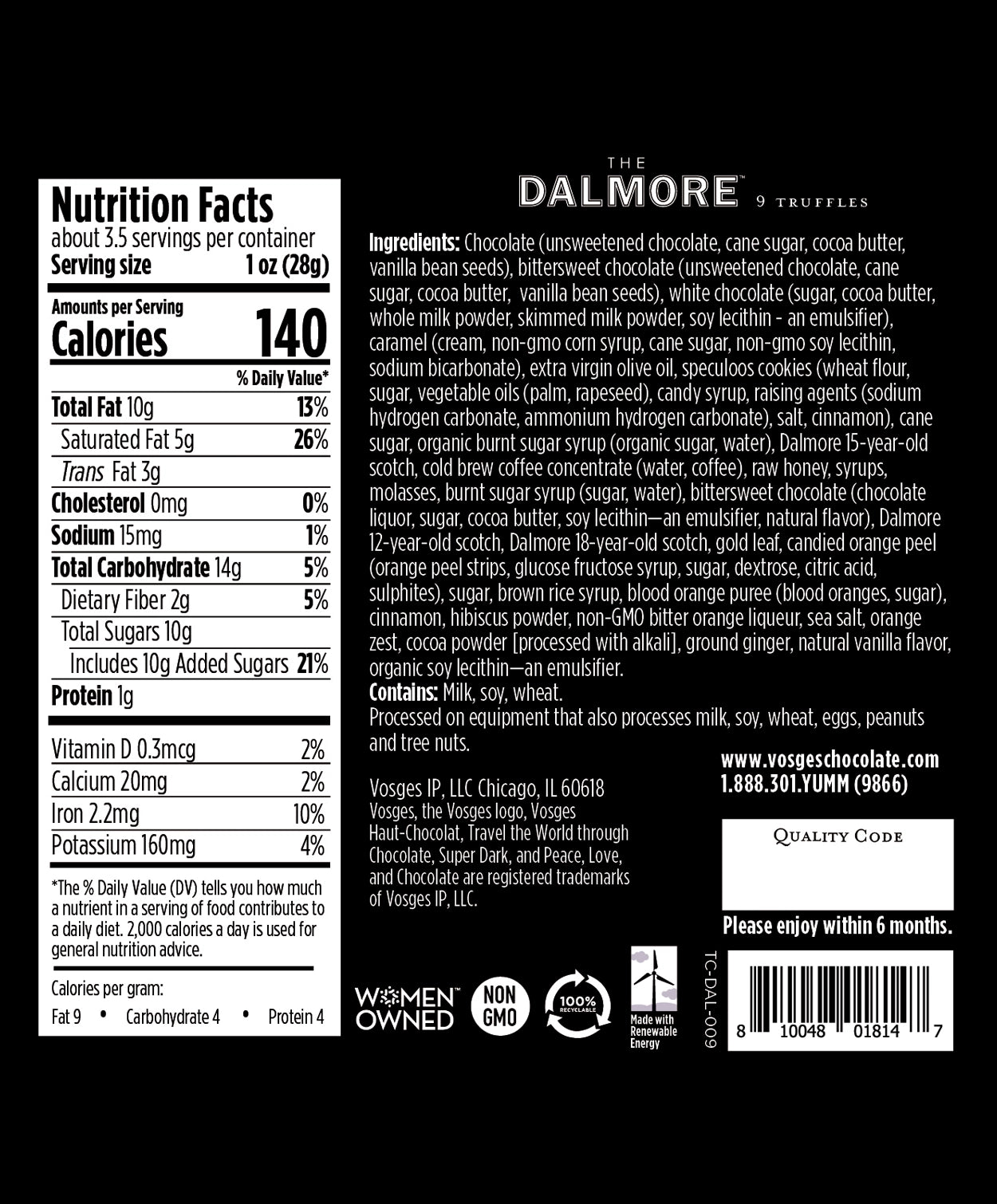 Nutrition Facts and Ingredients of Vosges Haut-Chocolat Dalmore truffle collection in white, san-serif font on a deep purple background.