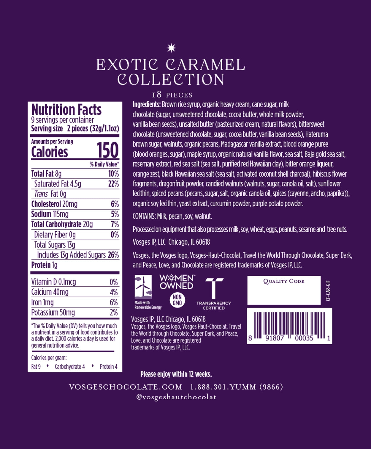 Nutrition Facts and Ingredients of Vosges Haut-Chocolat Exotic Caramel Collection in white, san-serif font on a deep purple background.