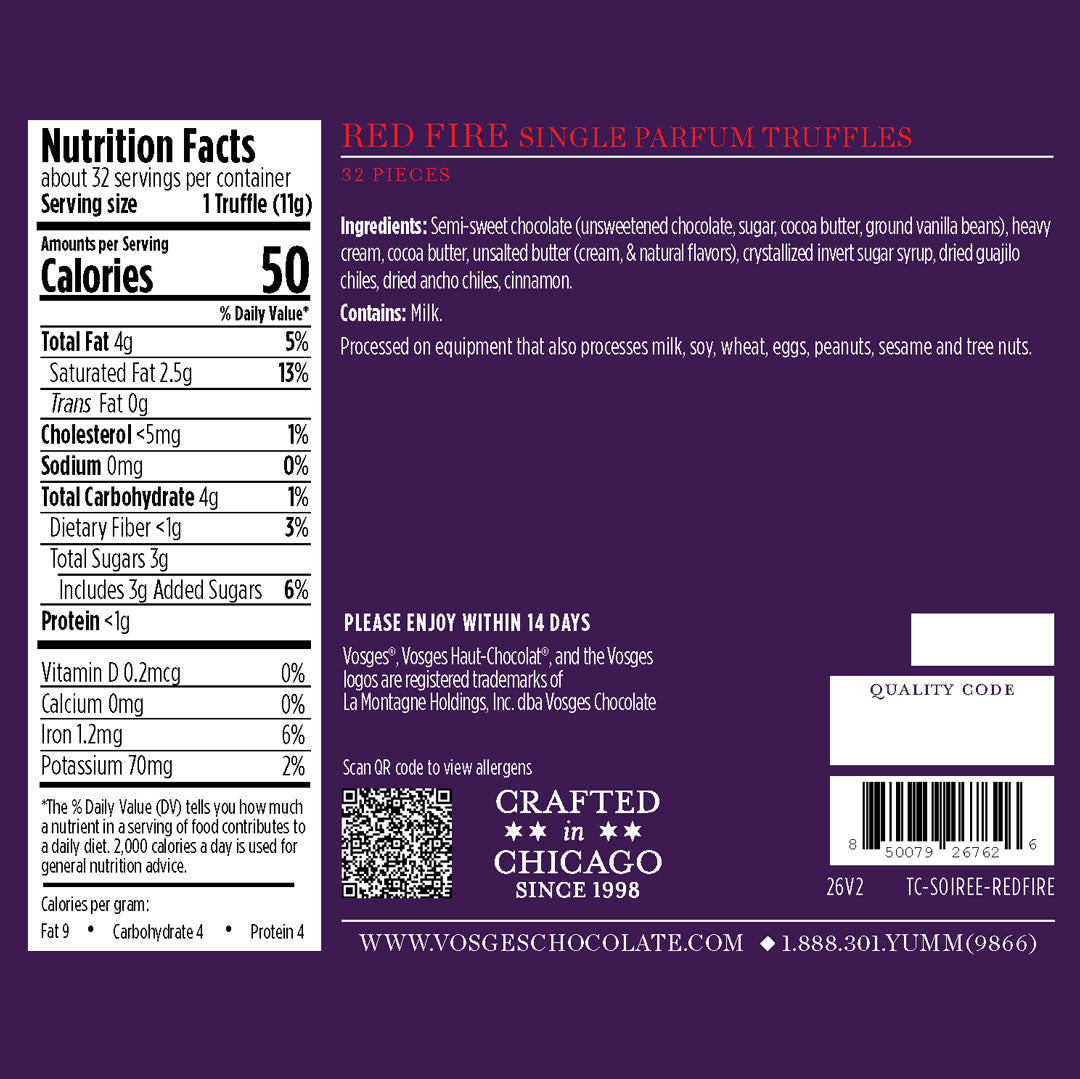Back panel of Red Fire Single Parfum Truffles box showing nutrition facts and ingredients on a purple label