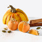 Orange coated Pumpkin Pie Truffles with pistachio toppings beside a small pumpkin and cinnamon sticks on a white surface