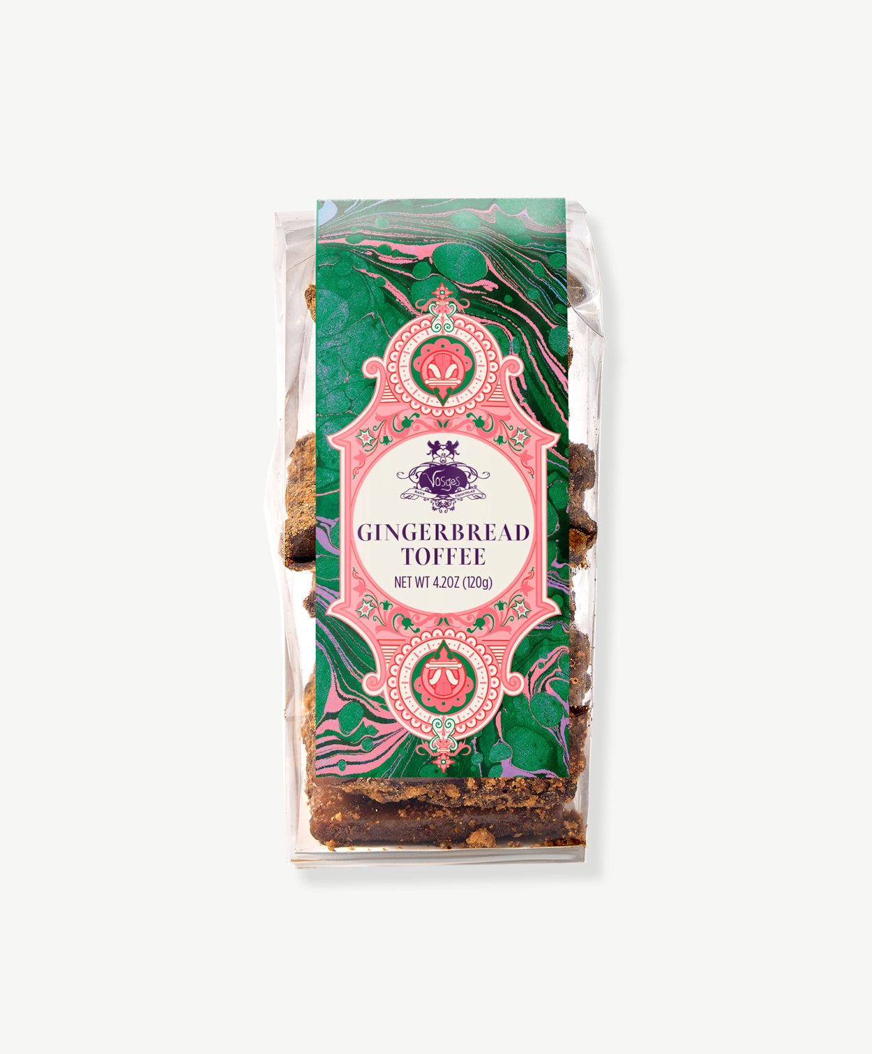 Vosges Gingerbread Speculoos coated toffee in a clear plastic bag bearing a pink and green label stands upright on a white background.