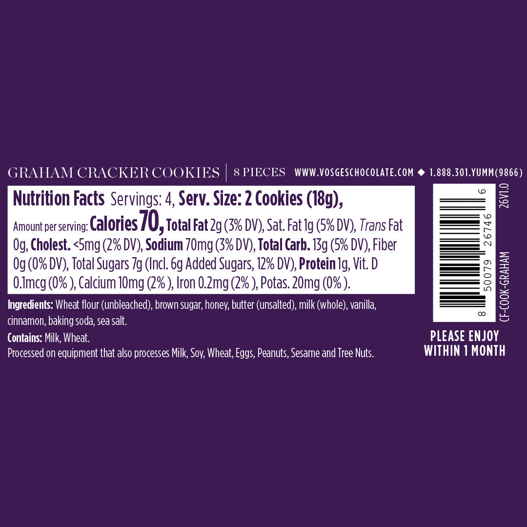 Graham cracker cookies packaging with nutrition facts barcode and eight pieces on purple background