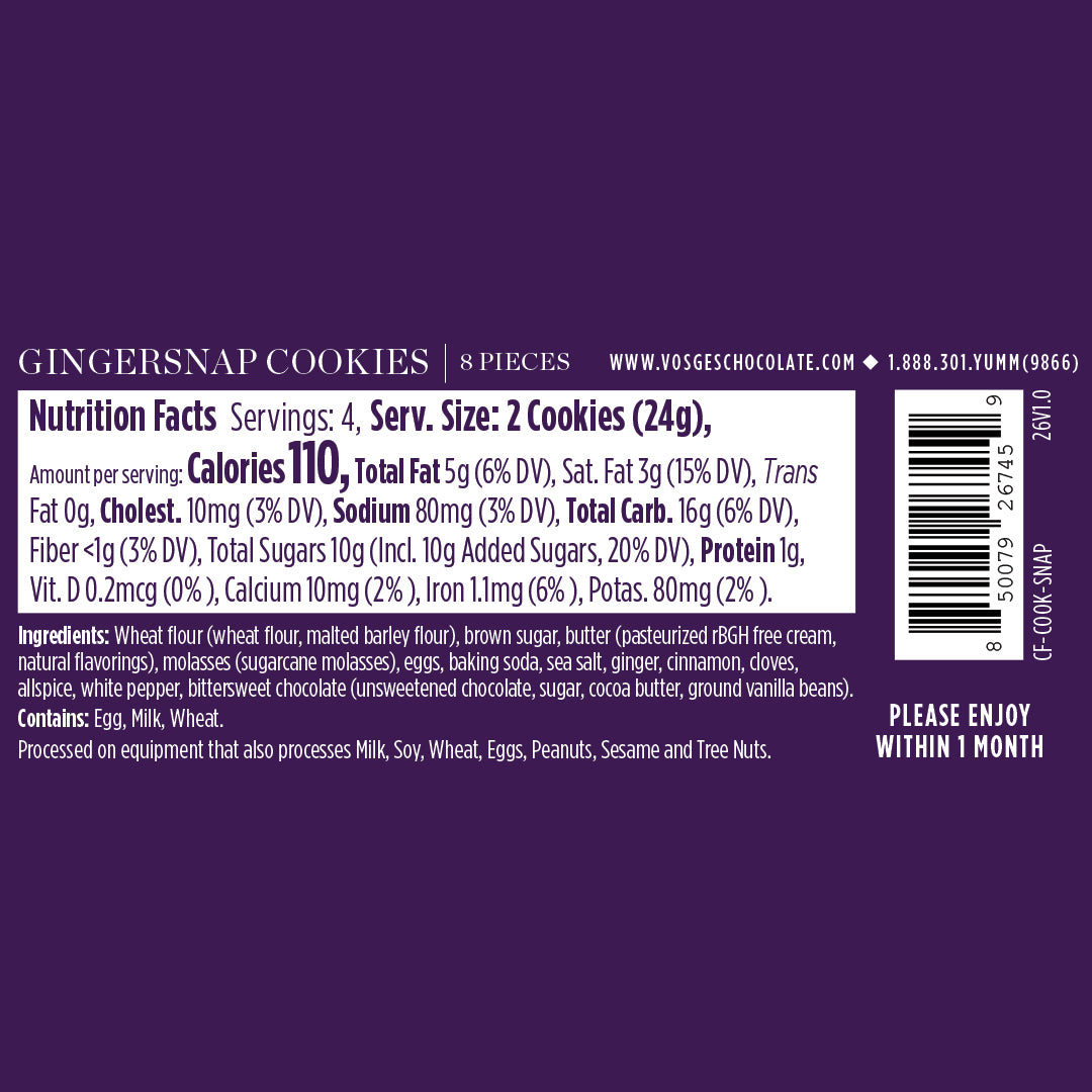 Gingersnap cookies packaging with nutrition facts barcode and eight pieces on purple background