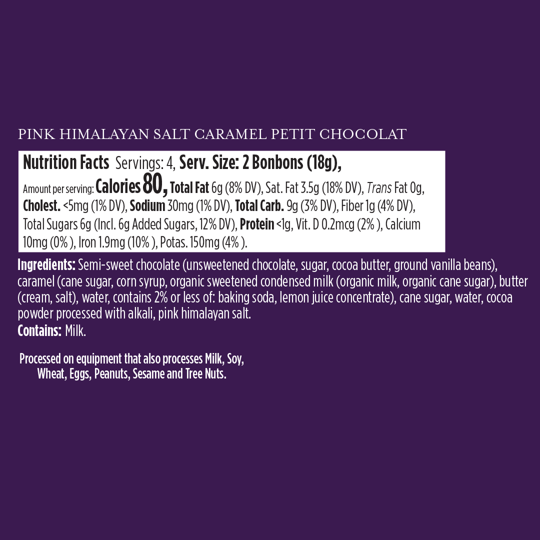 Pink Himalayan Salt Caramel Petit Chocolat nutrition facts label on purple background