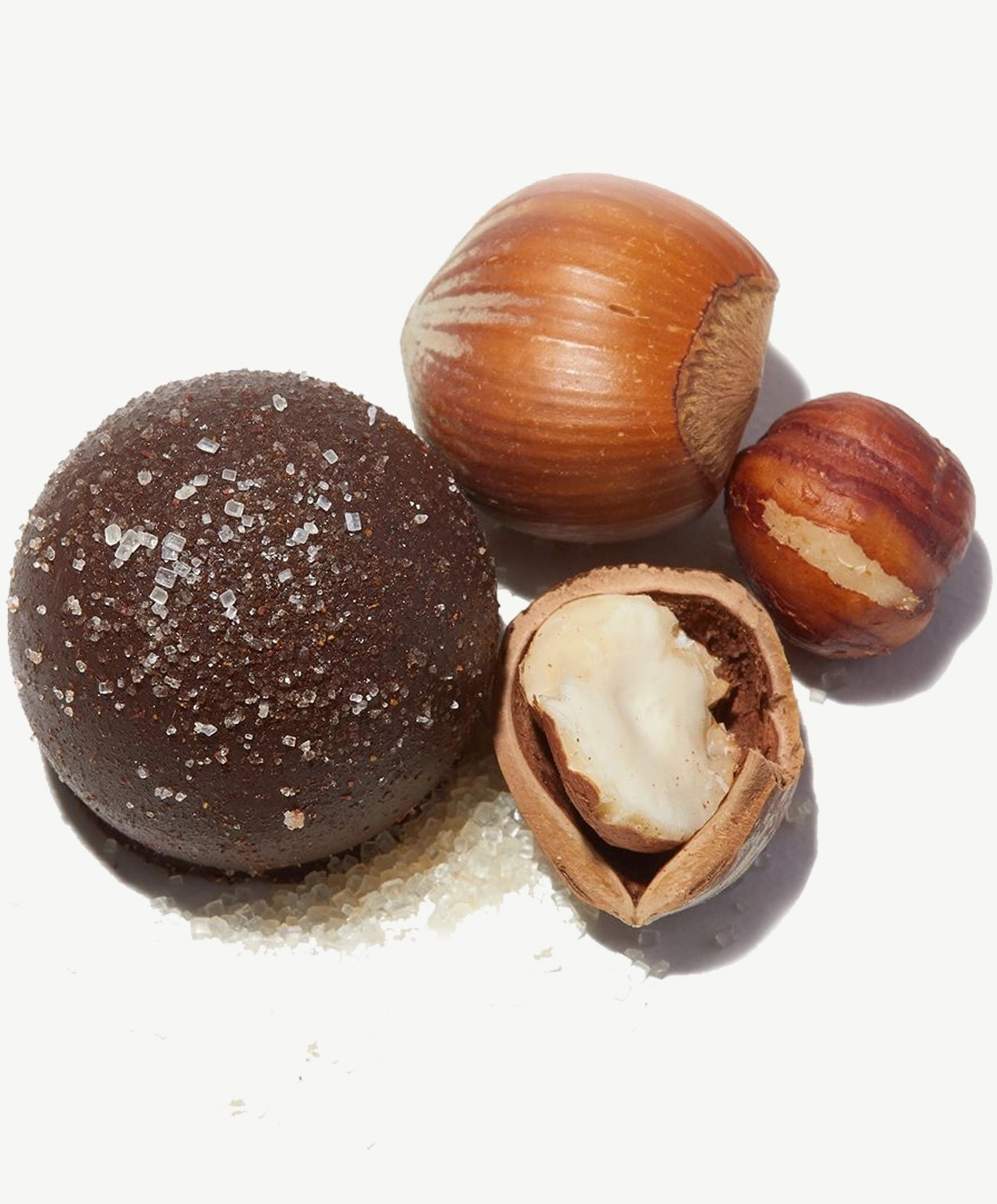 Close-up view of a Vosges vegan  I.G.P. Piemonte Hazelnut truffle topped with cinnamon sugar next to cracked hazelnuts on a white background.