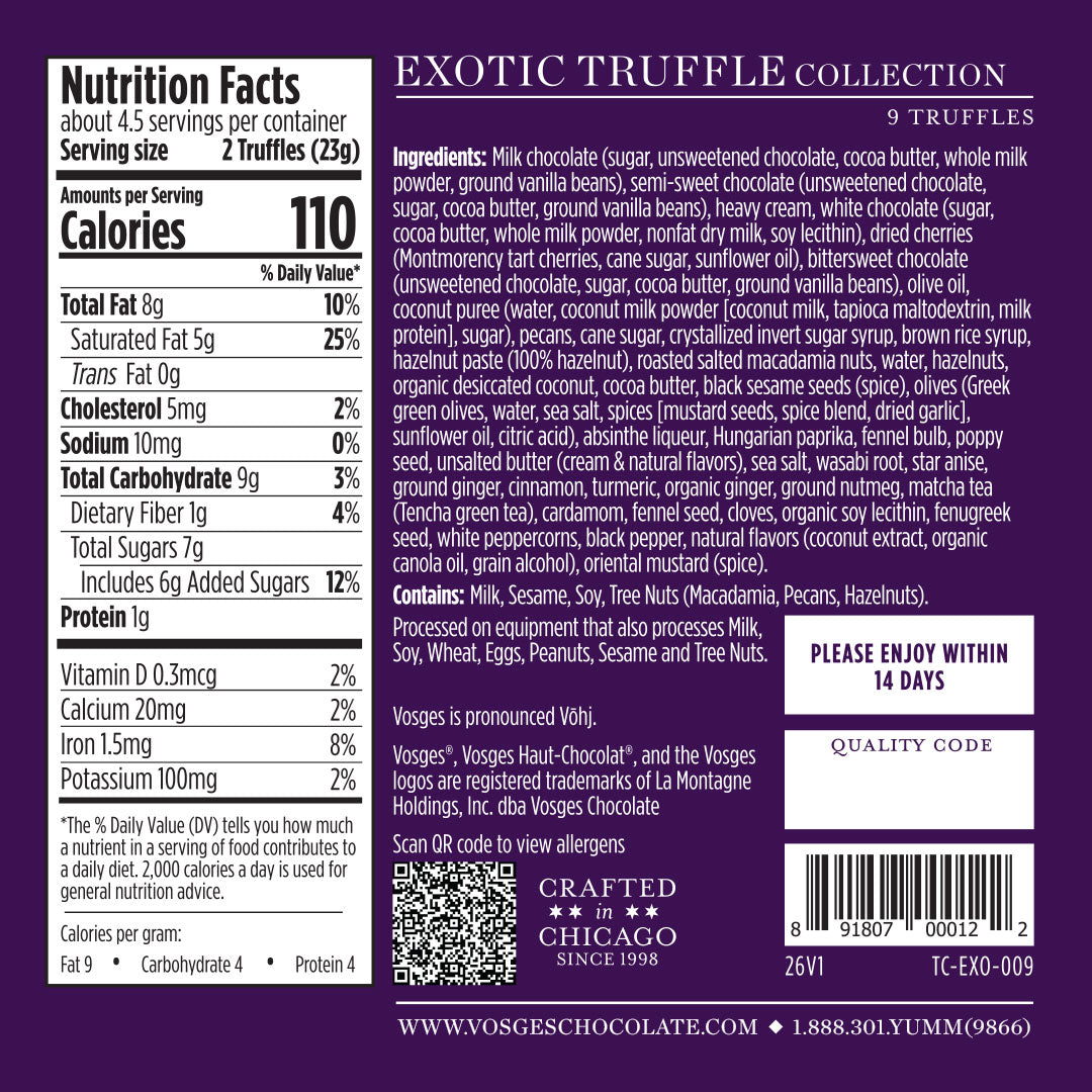 Back of a purple Vosges Exotic Truffle Collection box shows a nutrition facts panel.