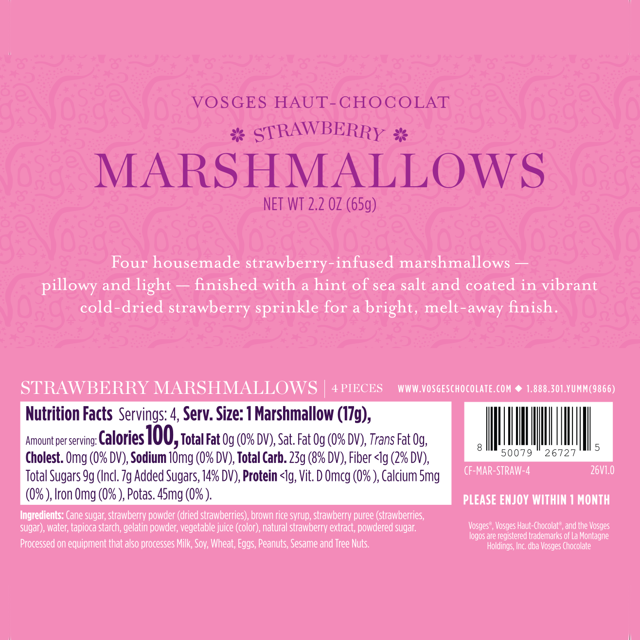 Vosges Haut-Chocolat Strawberry Marshmallows packaging with pink background and text.