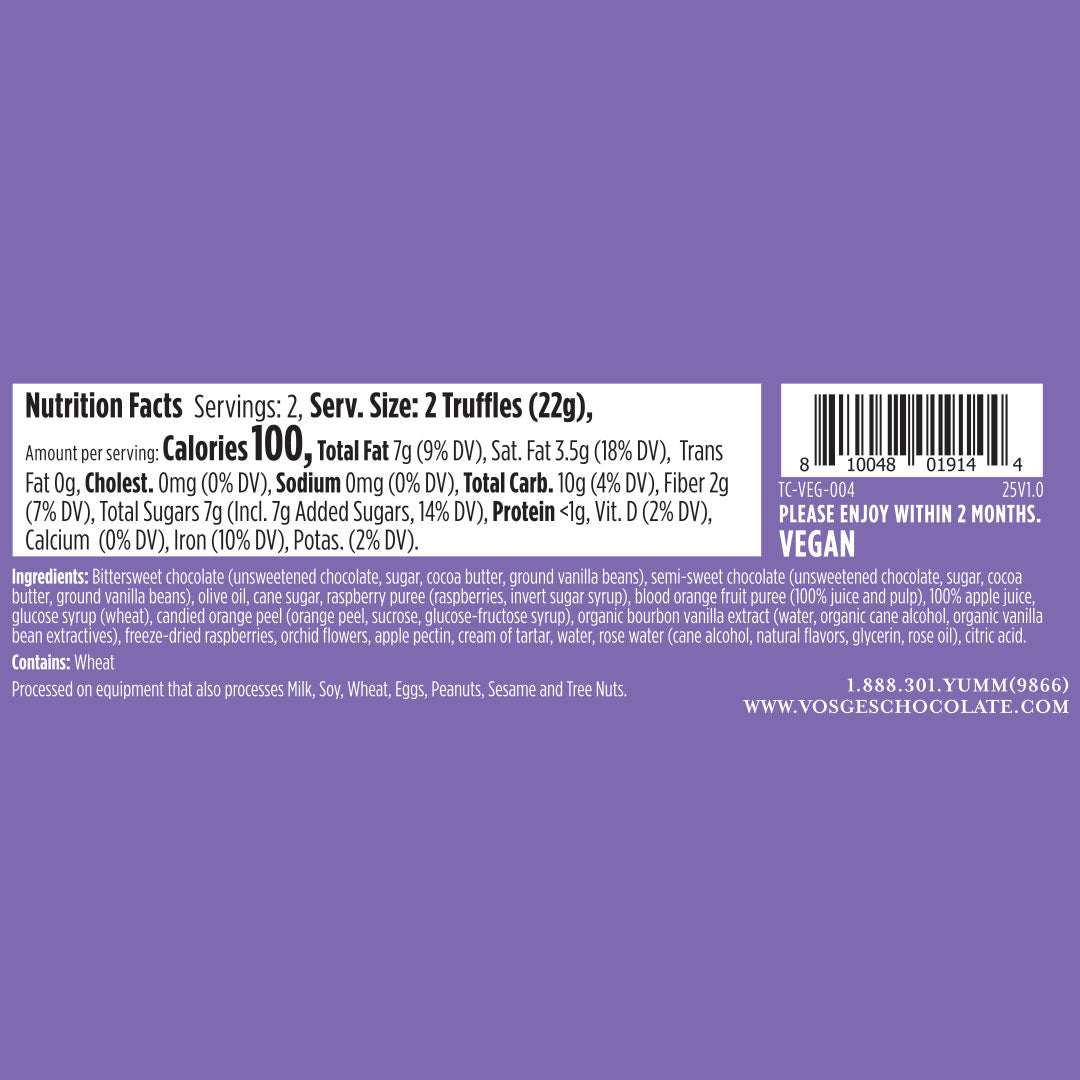 Best of Vosges Hatbox packaging shows a nutrition facts panel and barcode on a purple background