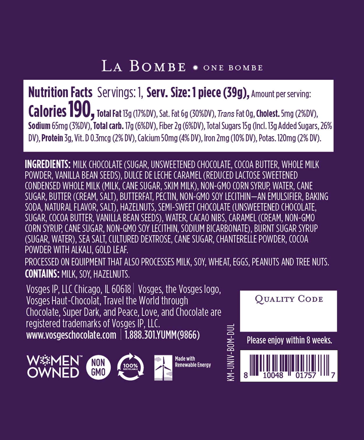 Nutrition Facts and Ingredients of Vosges Haut-Chocolat La Bombe printed in white san-serif font on a dark purple background.