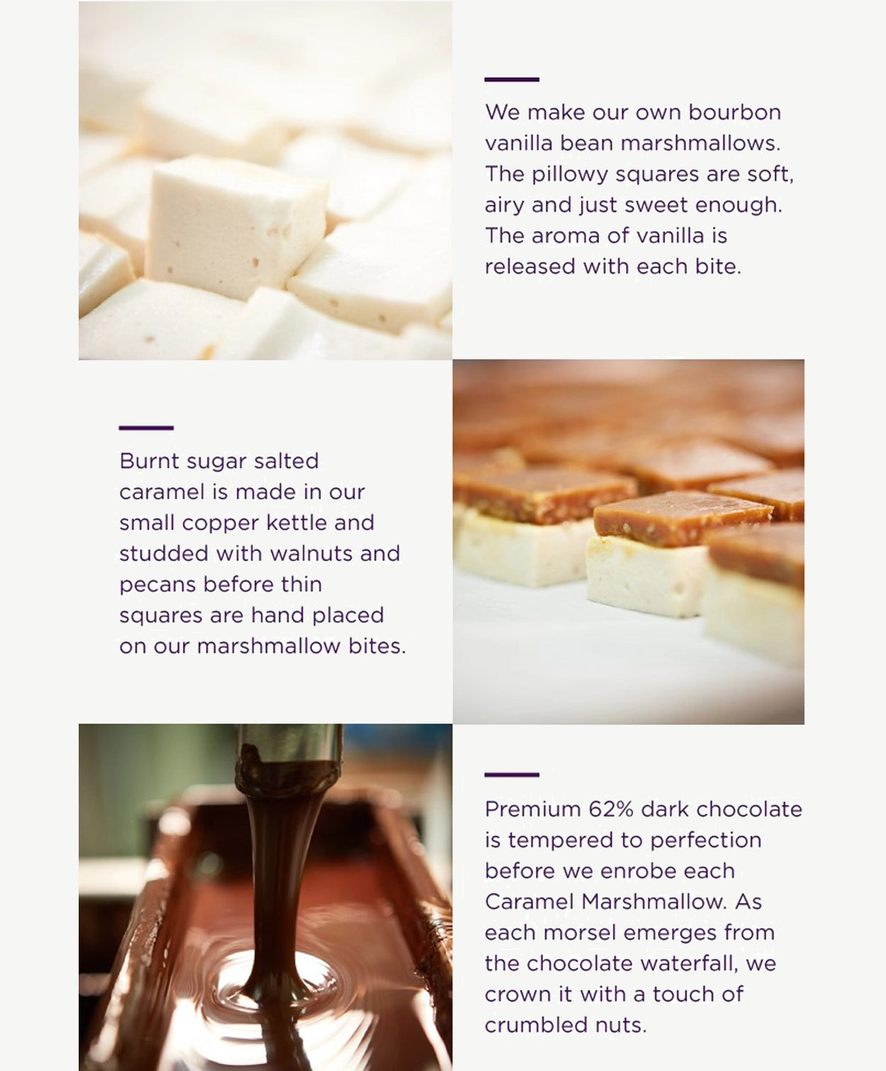 A three picture sequence showing the making of a Vosges Caramel Marshmallow.  Text describing bourbon marshmallow, salted caramel, dark chocolate, pecans and walnuts.