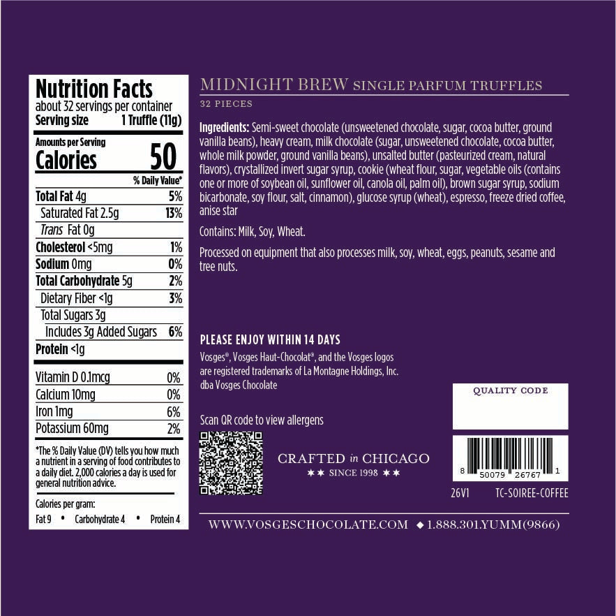 Nutritional information and ingredients on the Midnight Brew truffles purple packaging