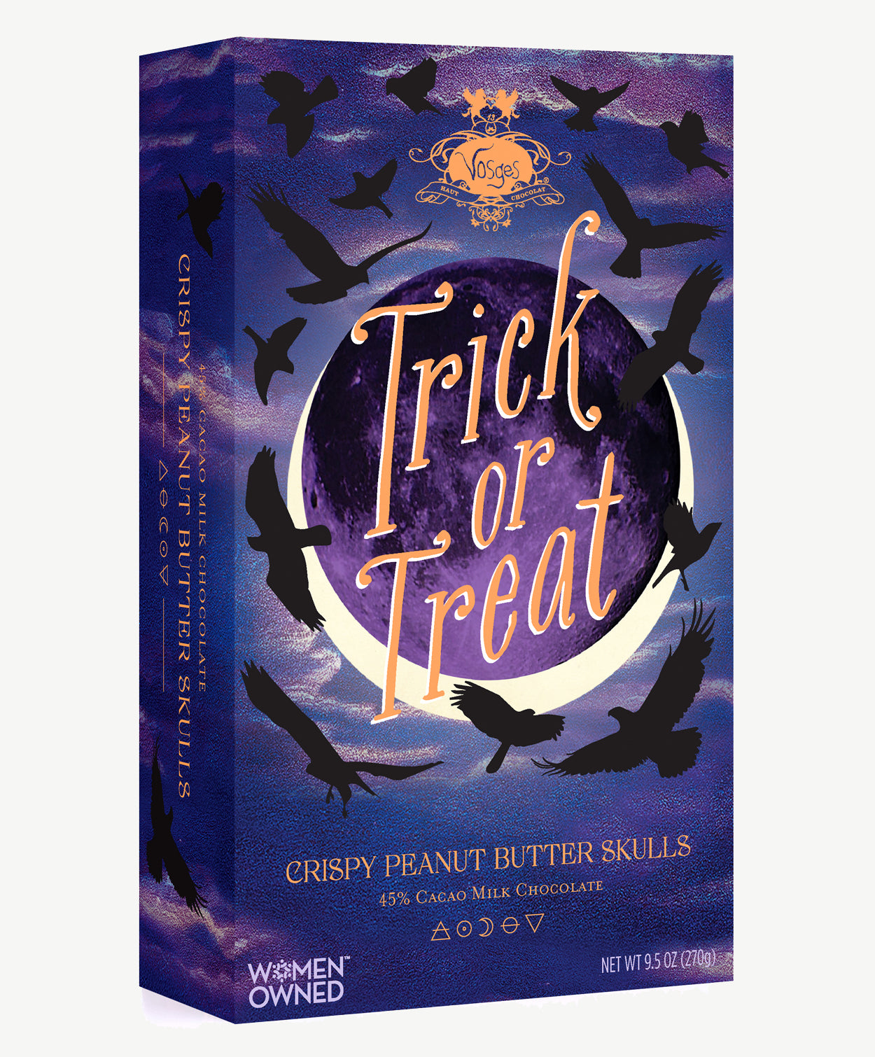A purple and blue box decorated in orange text reading, "Trick or Treat" stands against a light grey background.