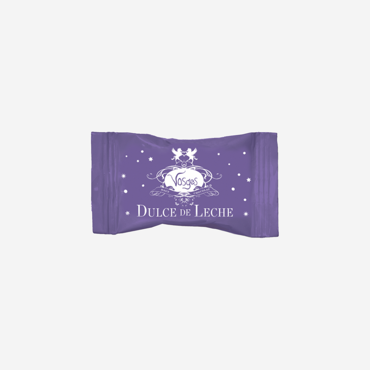 Purple Vosges chocolate bar wrapper with white crest and Dulce de Leche label.