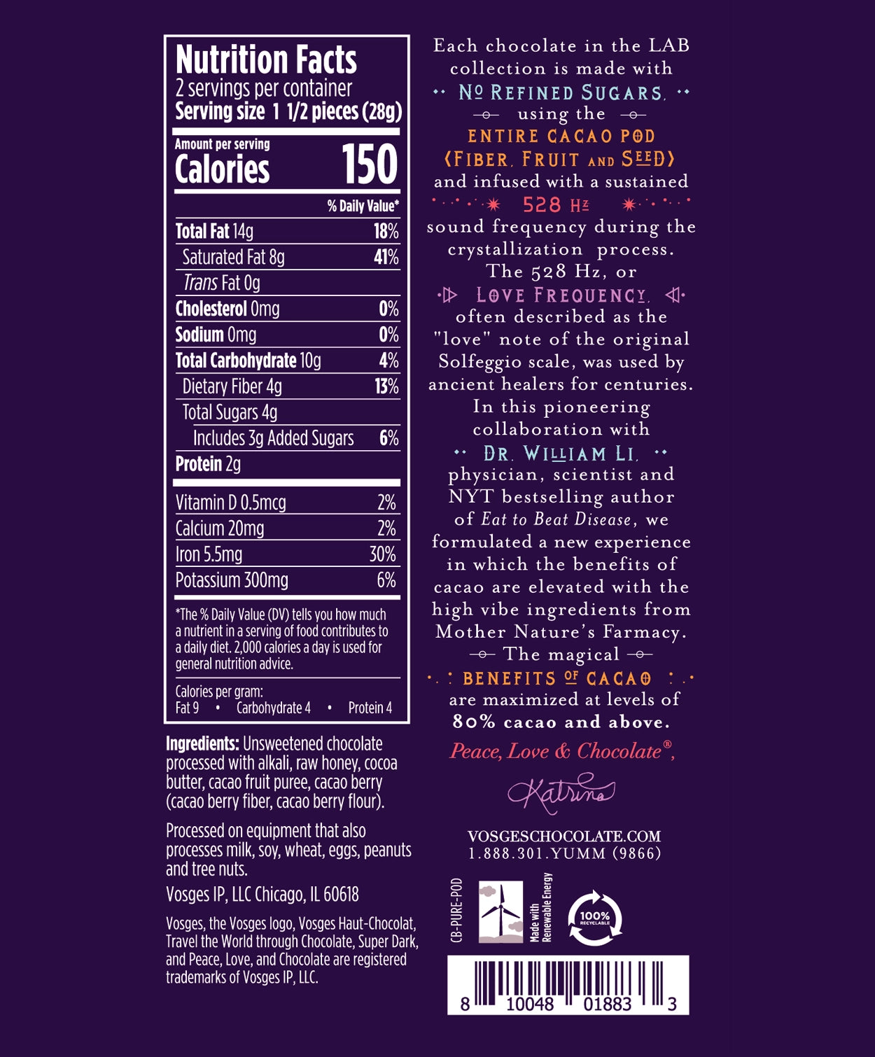 Nutrition Facts and Ingredients of Vosges Haut-Chocolat Whole Cacao Fruit Pure Plant bar in white, san-serif font on a dark purple background.