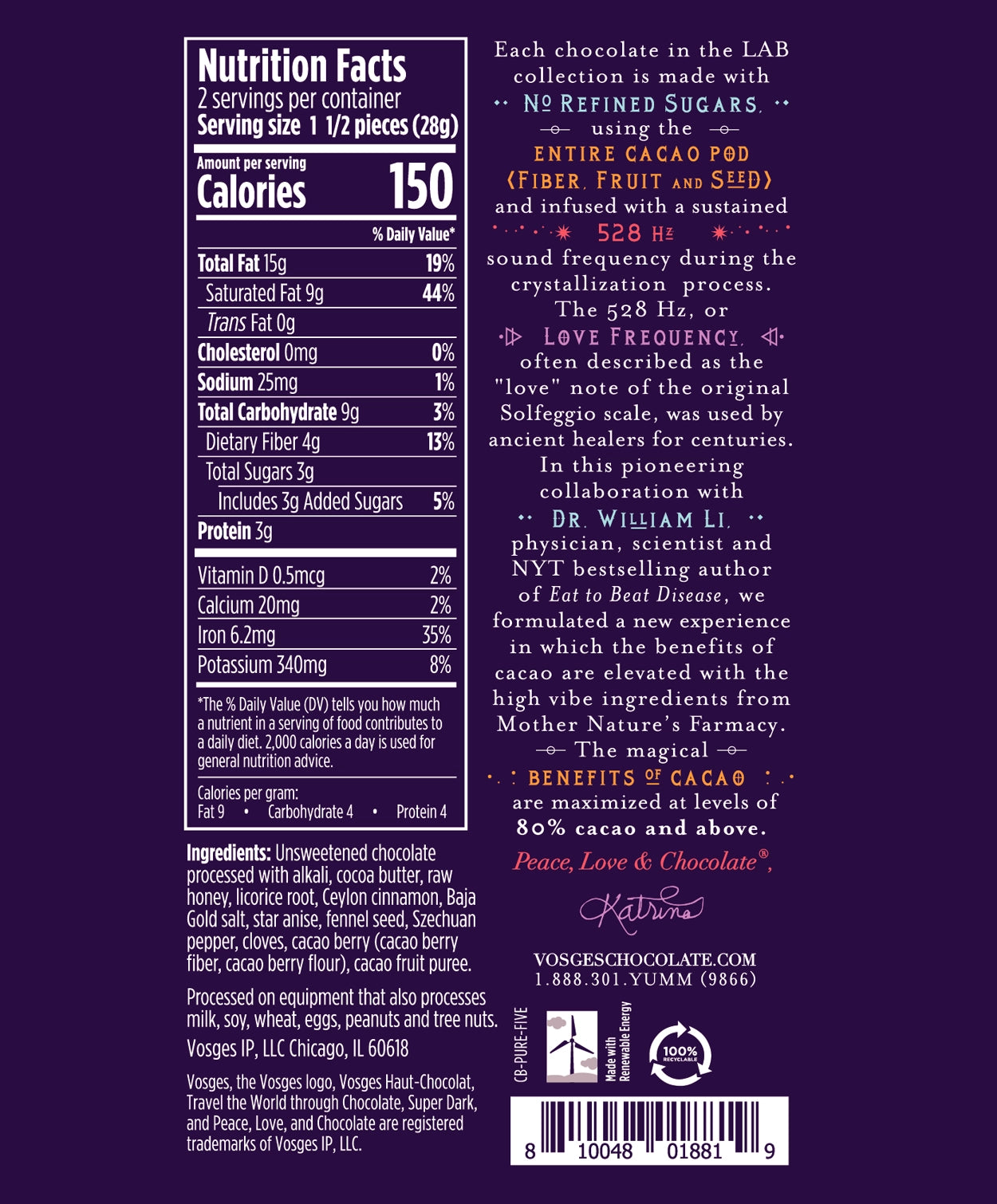 Nutrition Facts and Ingredients of Vosges Haut-Chocolat Chinese 5-Spice Pure Plant bar in white, san-serif font on a dark purple background. 