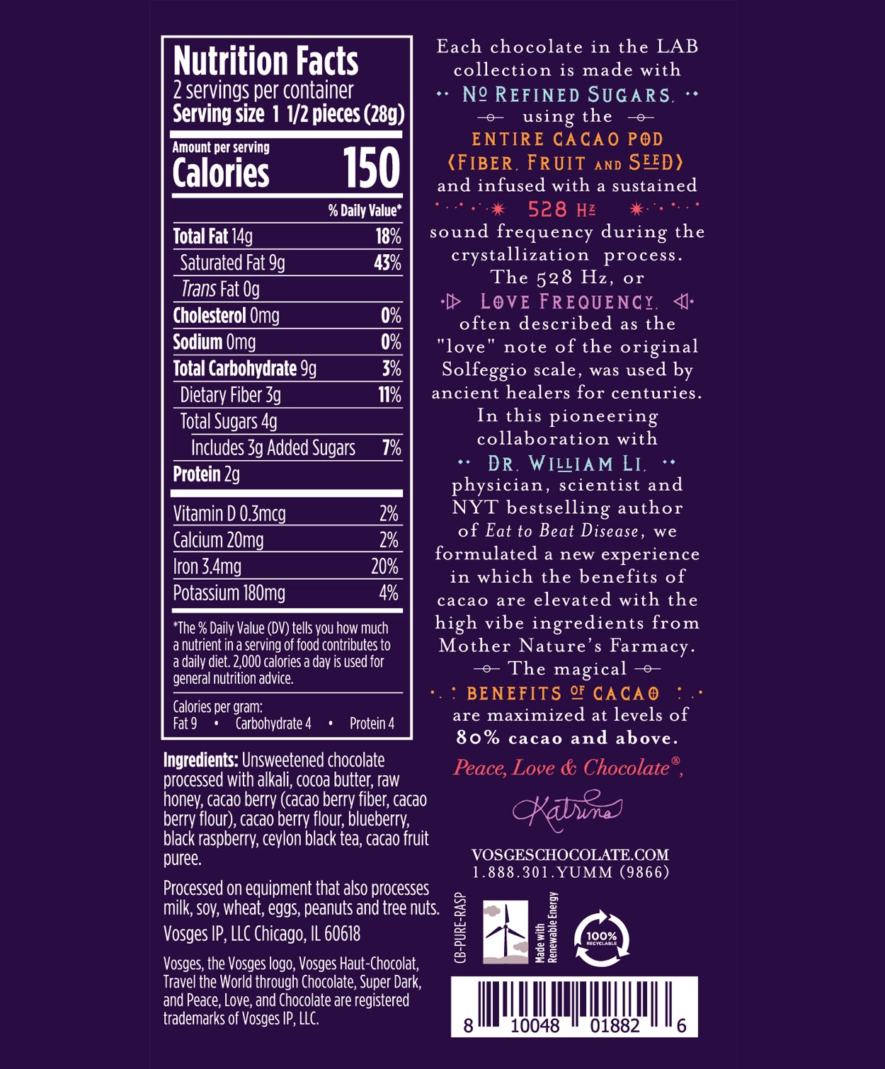 Nutrition Facts and Ingredients of Vosges Haut-Chocolat Black Raspberry with Fermented Black Tea Pure Plant bar in white, san-serif font on a dark purple background. 