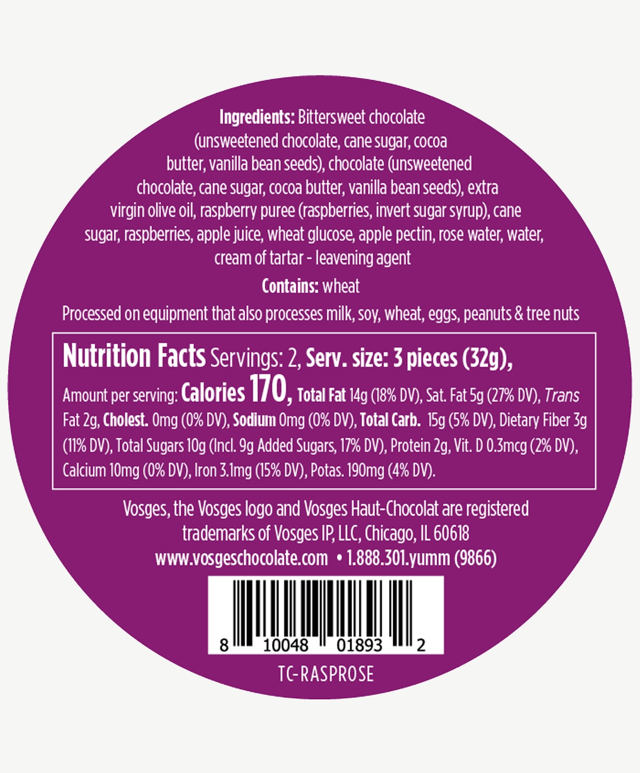 Ingredients and Nutrition facts for Vosges Raspberry Truffles, in white san serif font on a bright pink circular background.