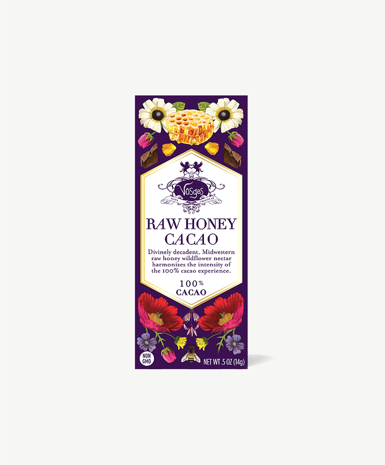 Closeup of a Vosges Raw Honey Cacao bar in a purple box decorated with illustrations of flowers on a white background.