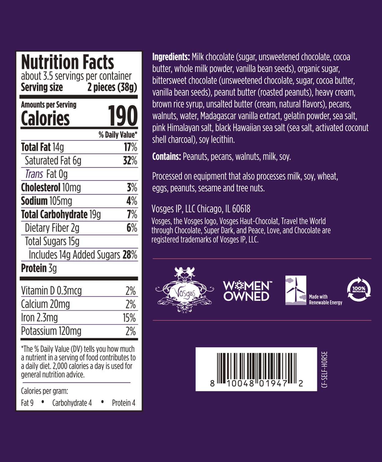 Nutrition Facts and Ingredients of Vosges Haut-Chocolat Self Love in white, san-serif font on a deep purple background.