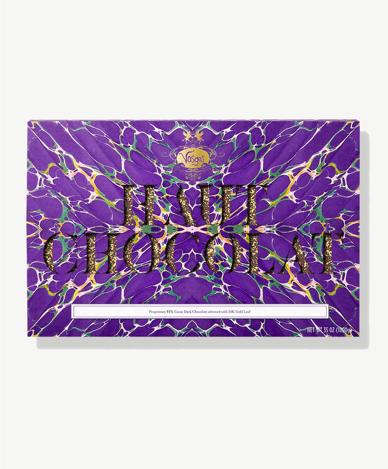Large two pound slab of Vosges Choclate wrapped in a bright purple psychedelic wrapper reading, "Haut-Chocolat" 