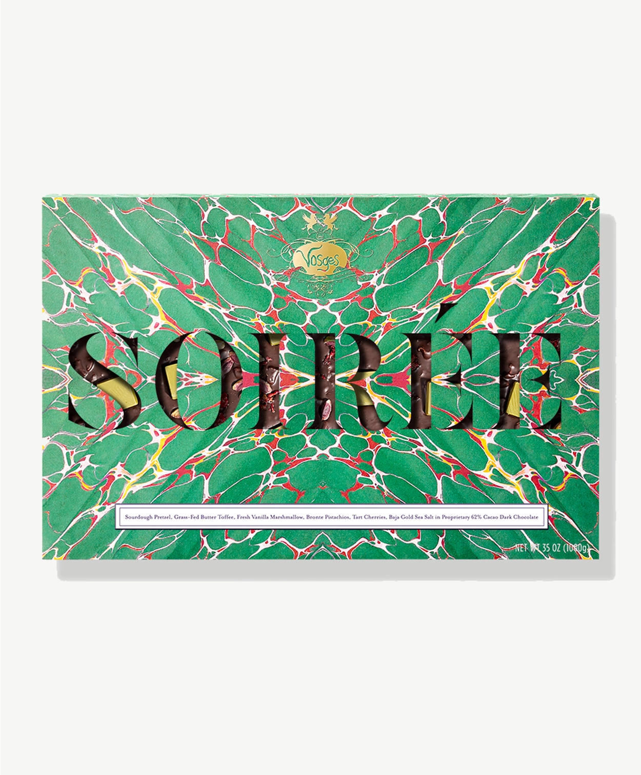Large two pound slab of Vosges Choclate wrapped in a bright blue psychedelic wrapper reading, "Soirée"" 