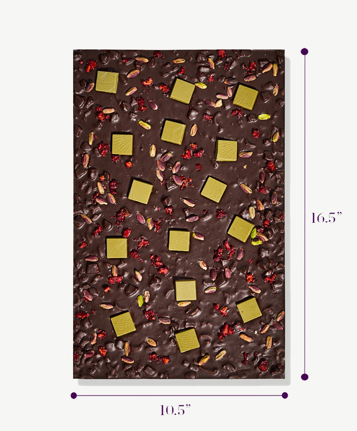 A large 2 lb slab of chocolate covered in pretzel pieces and toffee sitting on a white background with dimensions displaying it's size.