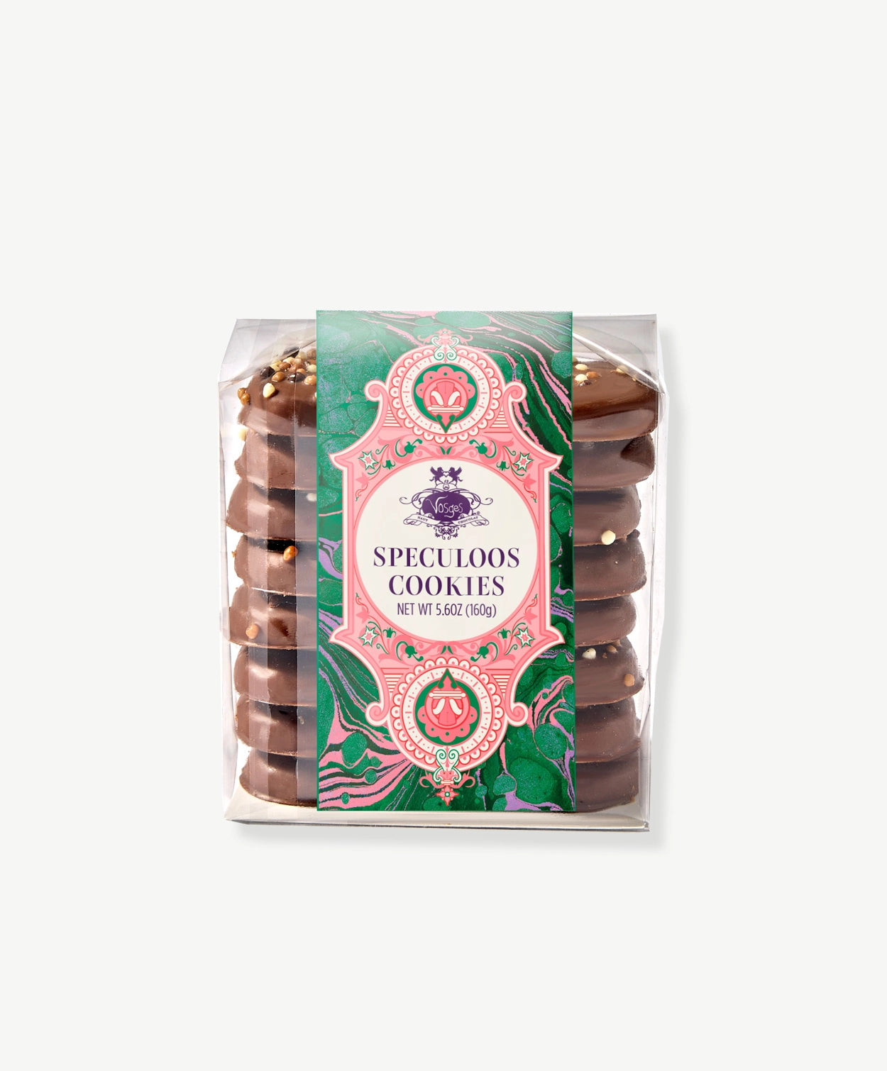 Vosges Chocolate Dipped Belgian Speculoos Cookies in a clear plastic wrapper bearing a green and pink label, on a grey background.