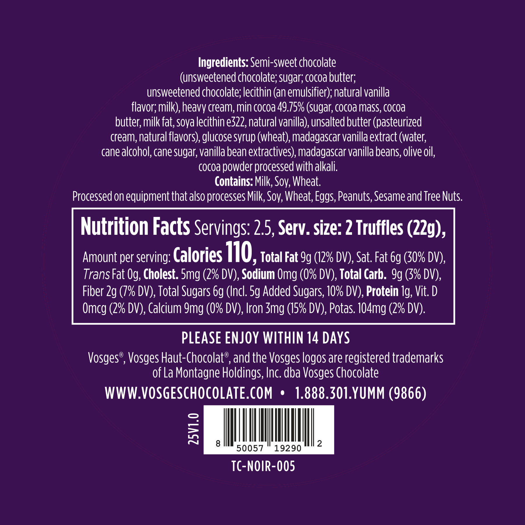 Nutrition label and ingredient list on a purple background for Vosges chocolate truffles.