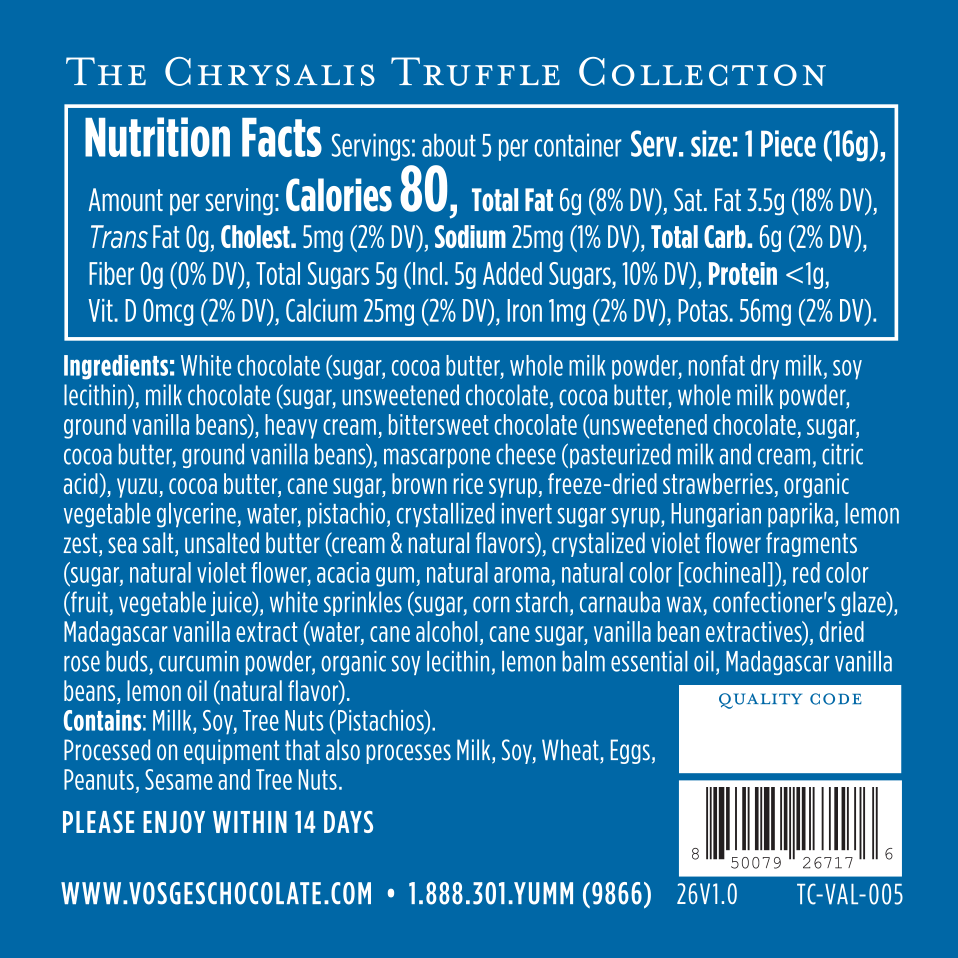 Nutrition facts and ingredients label for Vosges Chocolaté's The Chrysalis Truffle Collection on a blue background.