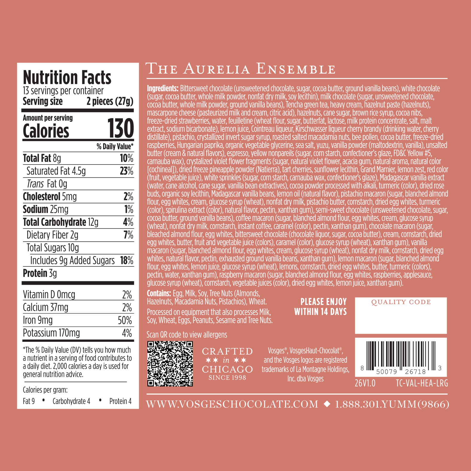 Nutrition facts and ingredients label for a product by The Aurelia Ensemble on a pink background.