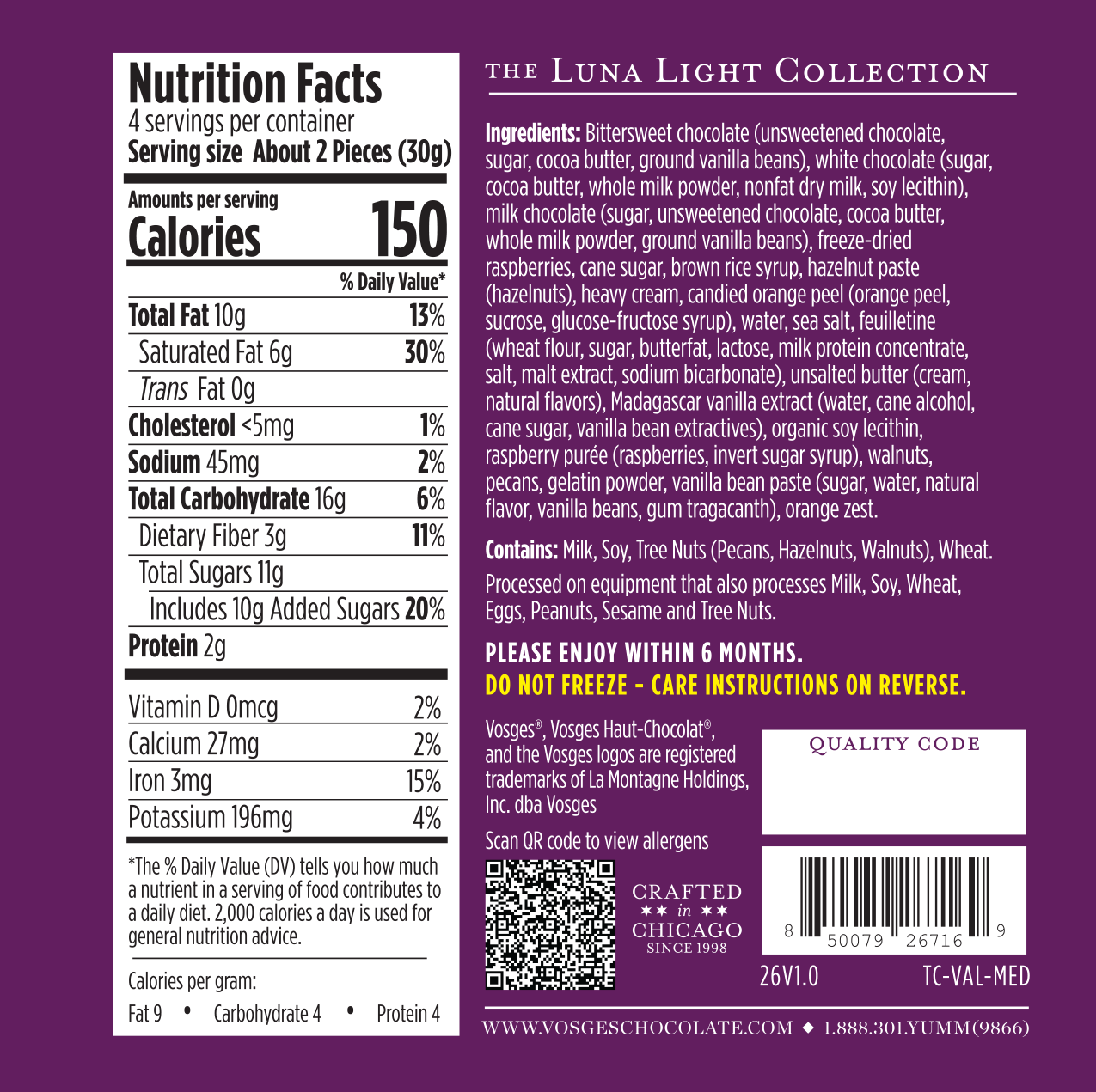 Nutrition label and ingredient list for a product in the Luna Light Collection on a purple background.