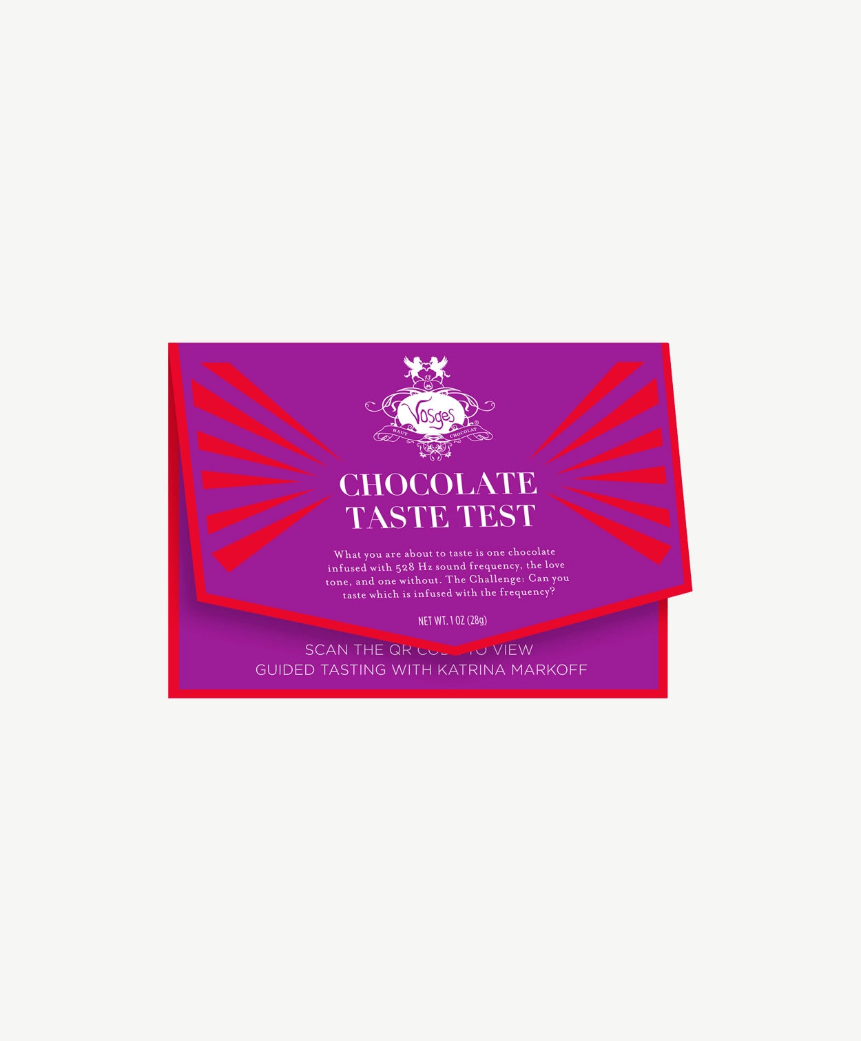 A pink and red envelope reading, "Chocolate Taste Test" sit's on a light grey background.