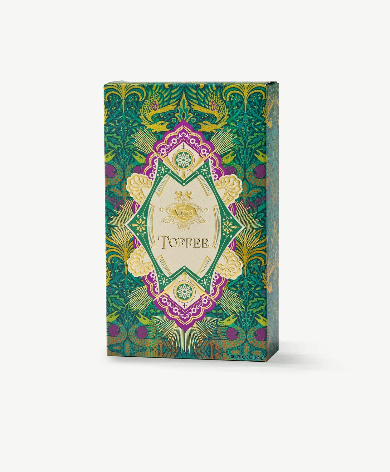 A green and purple Vosges toffee box adorned in gold foil stands upright on a light grey background.