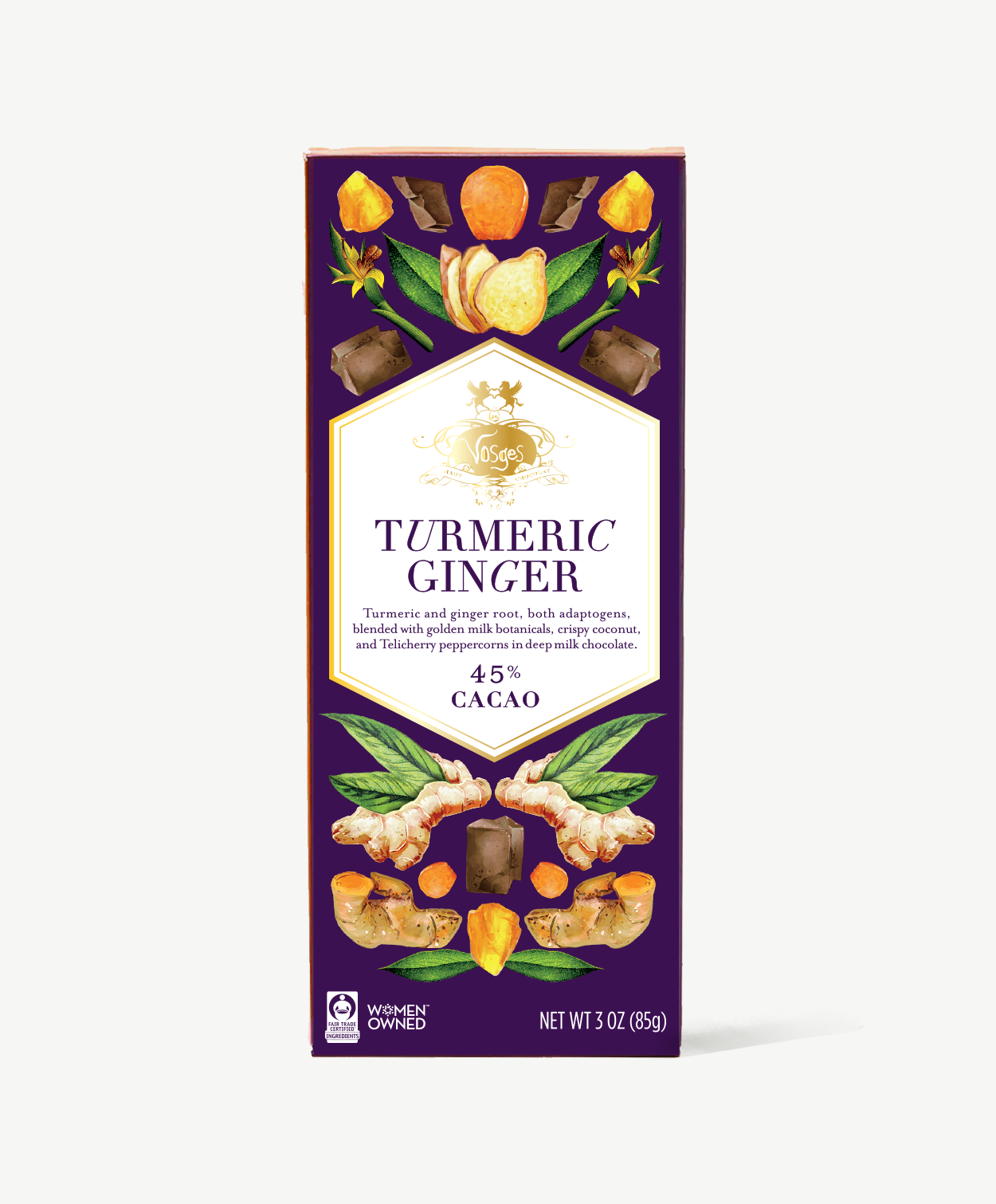 Vosges Turmeric Ginger bar in a purple box decorated with illustrations of plants on a white background.