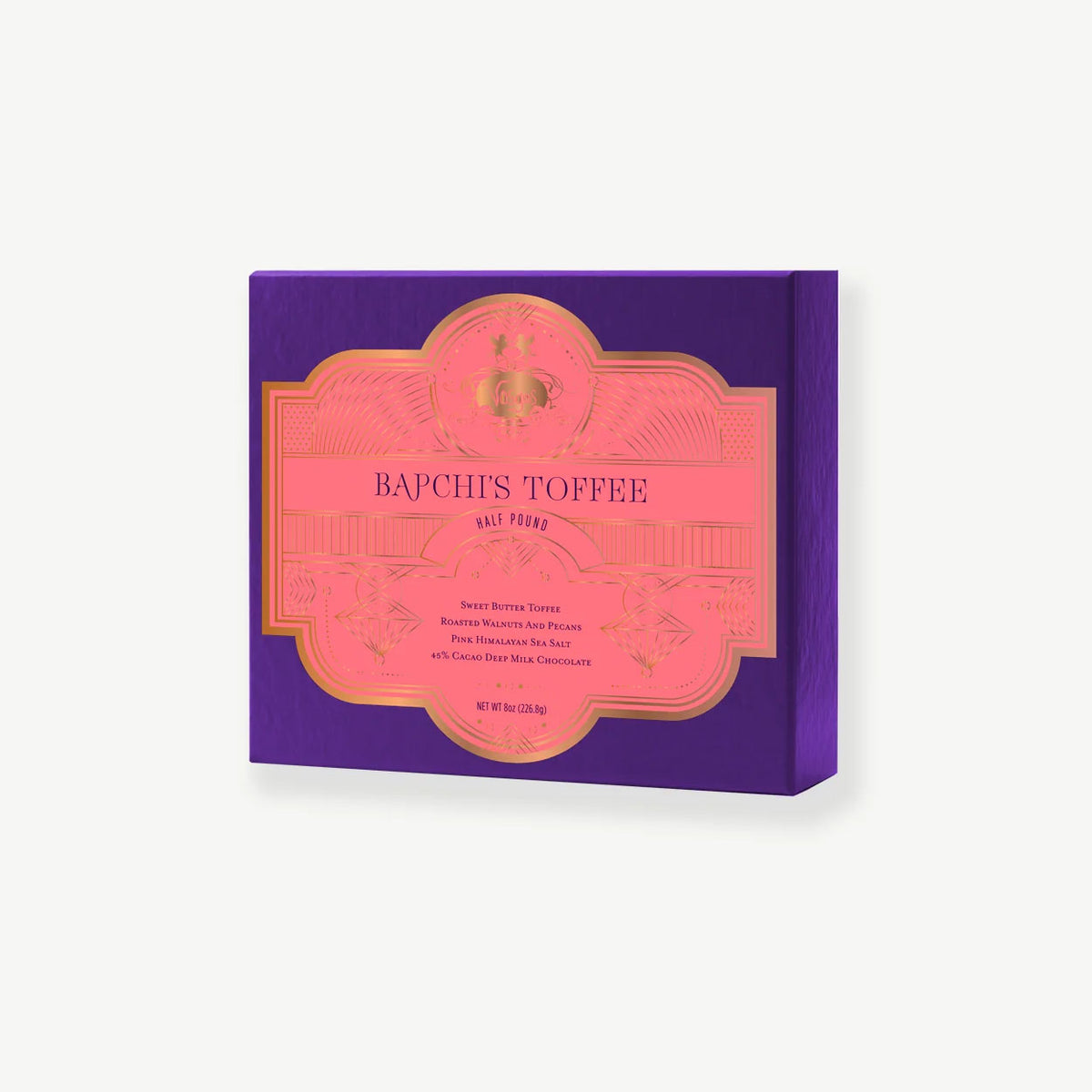 Purple Vosges gift box with a pink ornate label reading BAPCHI'S TOFFEE.