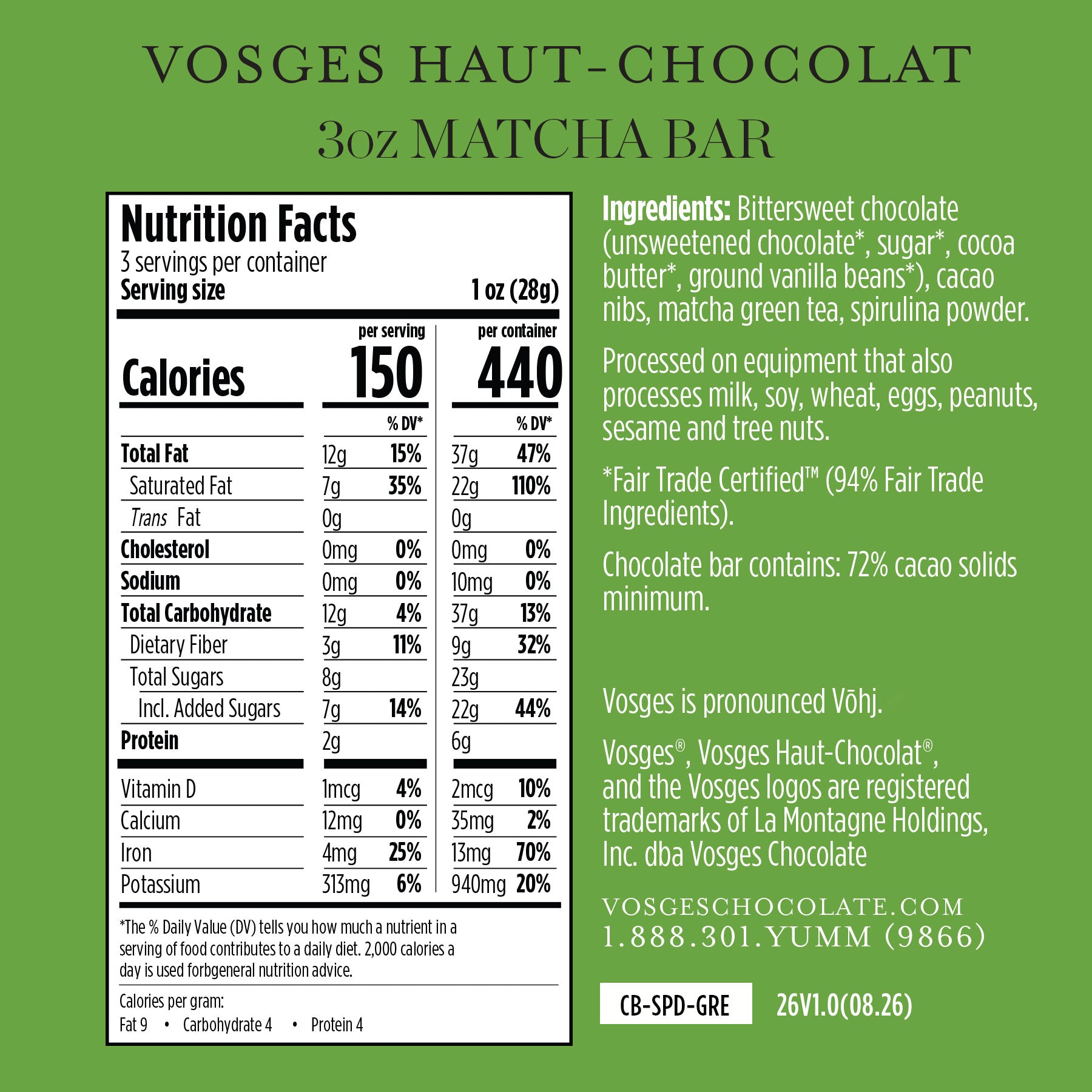 Matcha Green Tea & Spirulina Super Dark™ Chocolate Bar | Vosges Matcha Green Tea & Spirulina Super Dark™ Chocolate Bar | Vosges