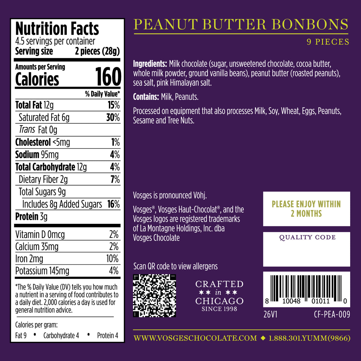 Purple packaging for Peanut Butter Bonbons with a large nutrition facts panel on the left