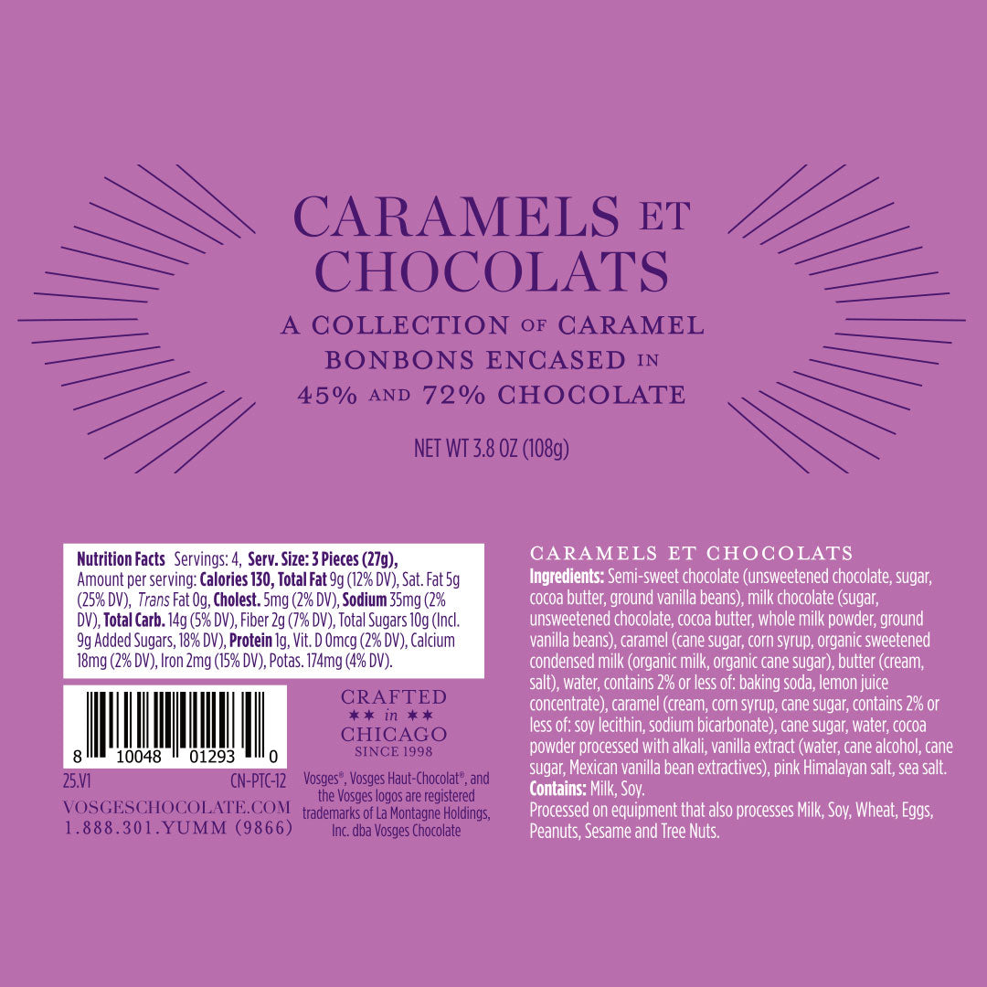 Grateful Collection chocolate packaging in purple with sunburst side motifs and a nutrition facts panel