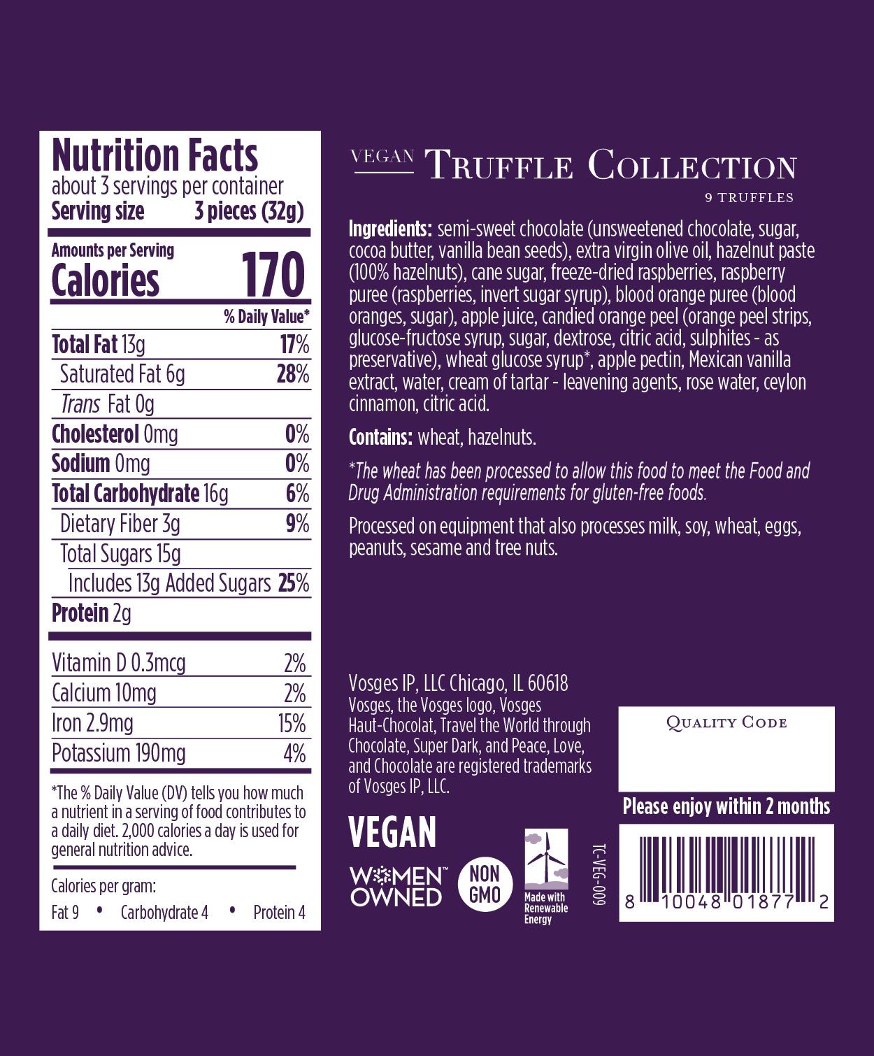 Nutrition Facts and Ingredients of Vosges Haut-Chocolat 9 piece Vegan Truffle Collection printed in white san-serif font on a dark purple background.